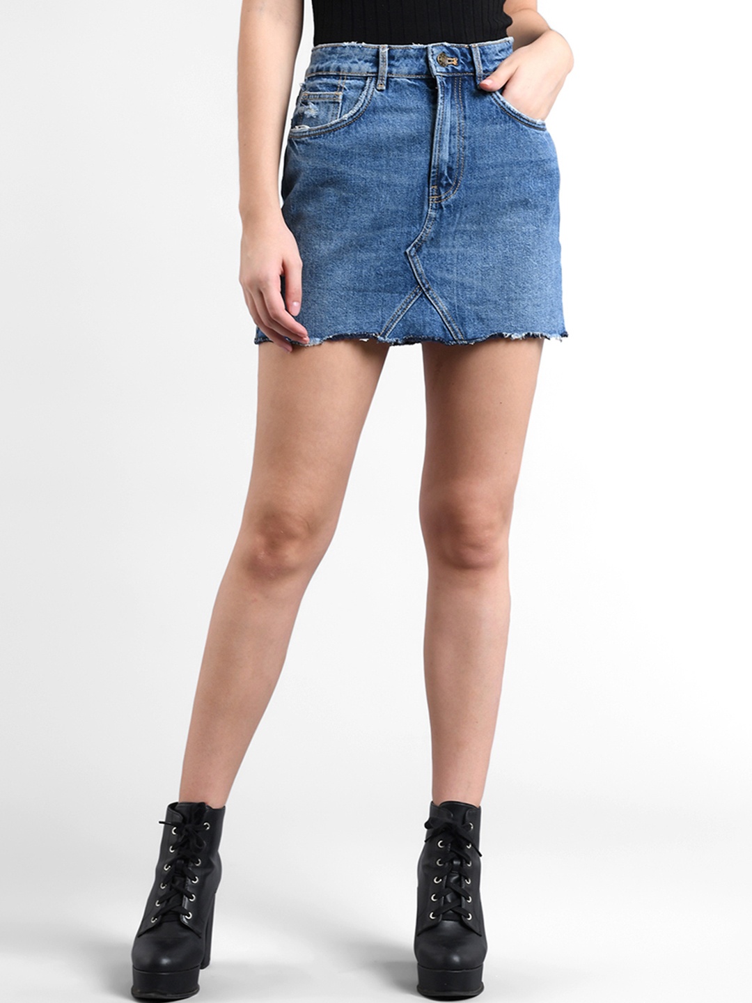 

Kotty Women Blue Solid Denim Mini Straight Skirt