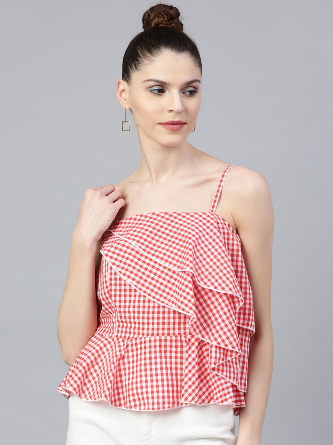 

STREET 9 Women Red And White Checked Peplum Pure Cotton Top