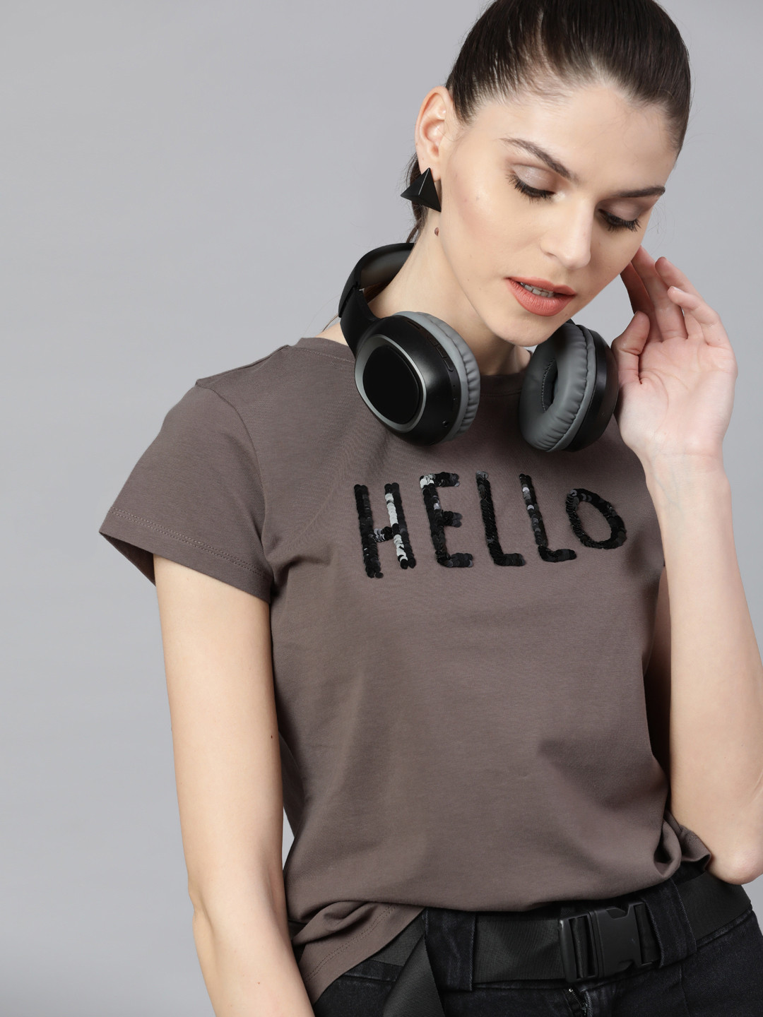 

STREET 9 Women Taupe Self Design Round Neck T-shirt