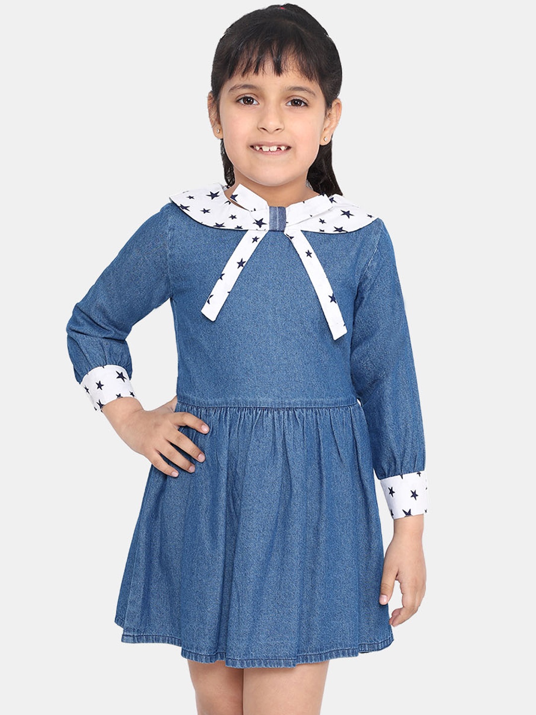 

Naughty Ninos Girls Blue Solid Denim Fit and Flare Dress