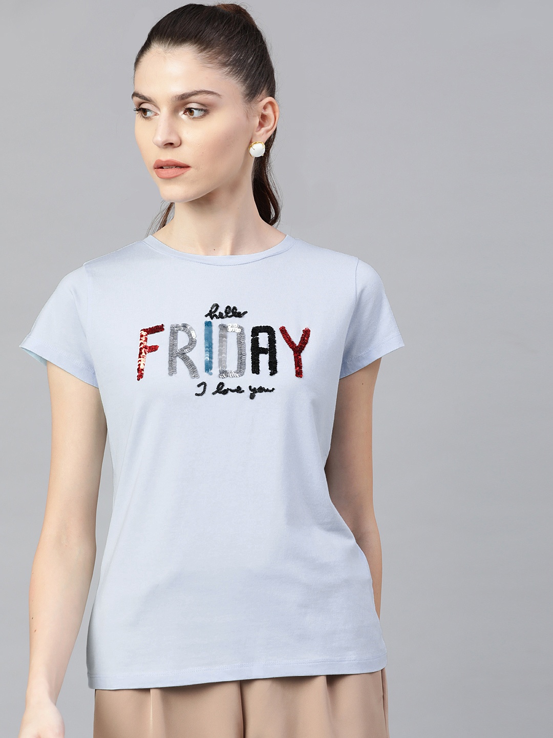 STREET 9 Women Blue Self Design Sequinned Round Neck T-shirt