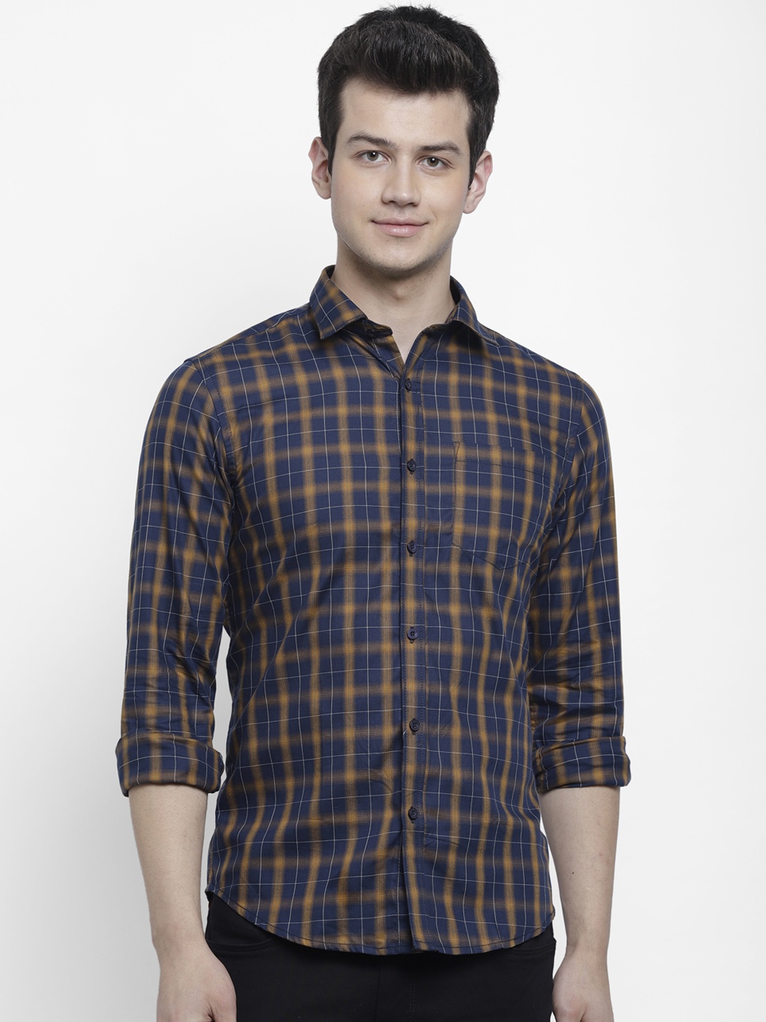 

cape canary Men Blue & Yellow Regular Fit Checked Casual Shirt