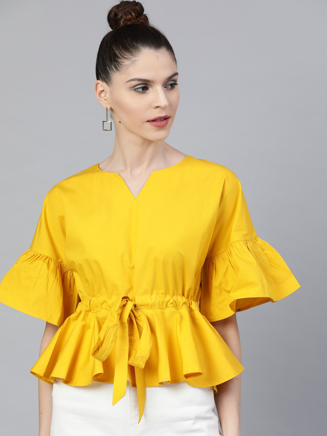 

STREET 9 Women Yellow Solid Peplum Pure Cotton Top