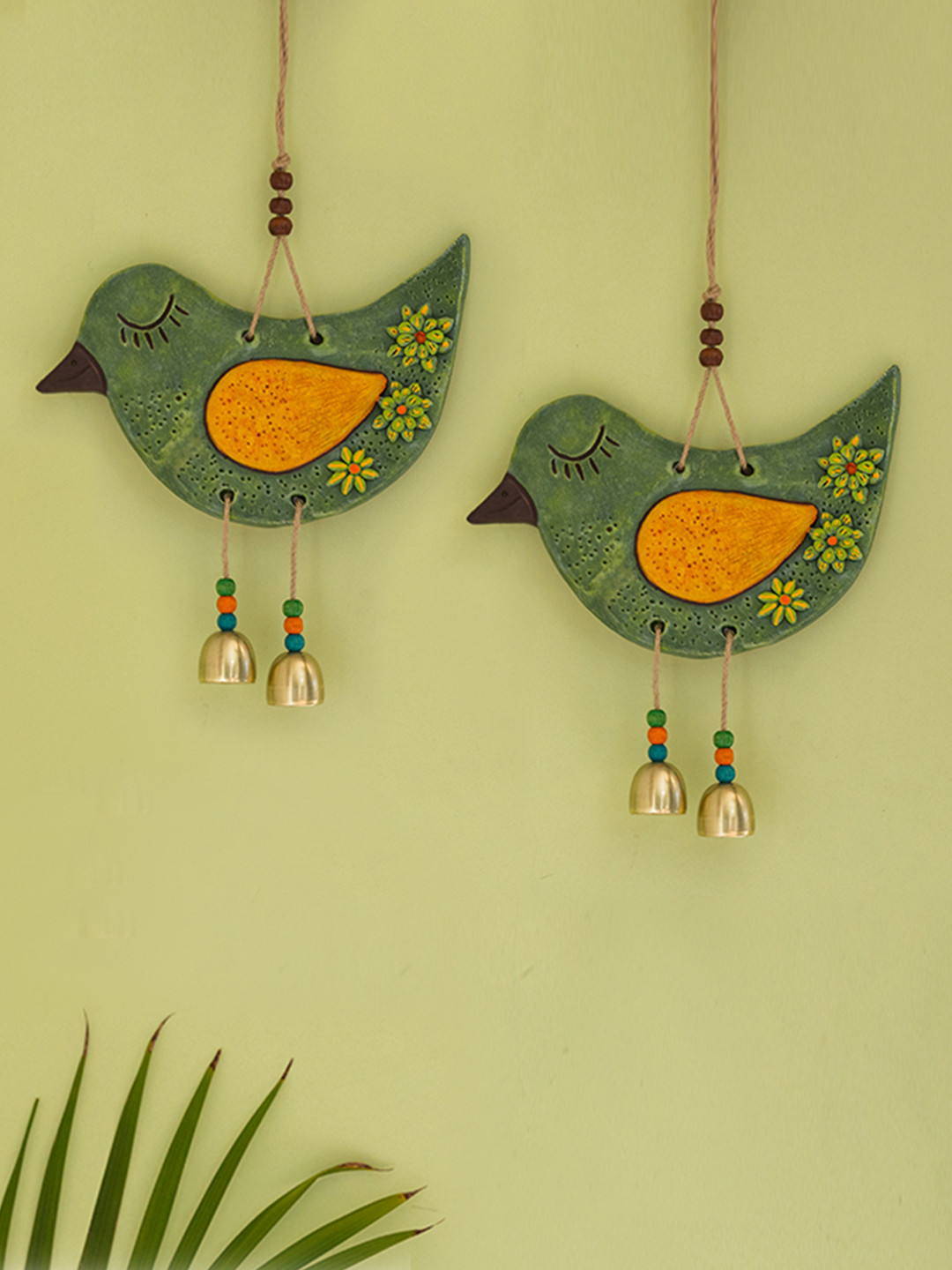 

ExclusiveLane Pack Of 2 Sparrows Hand-painted Decorative Wall Hangings, Green