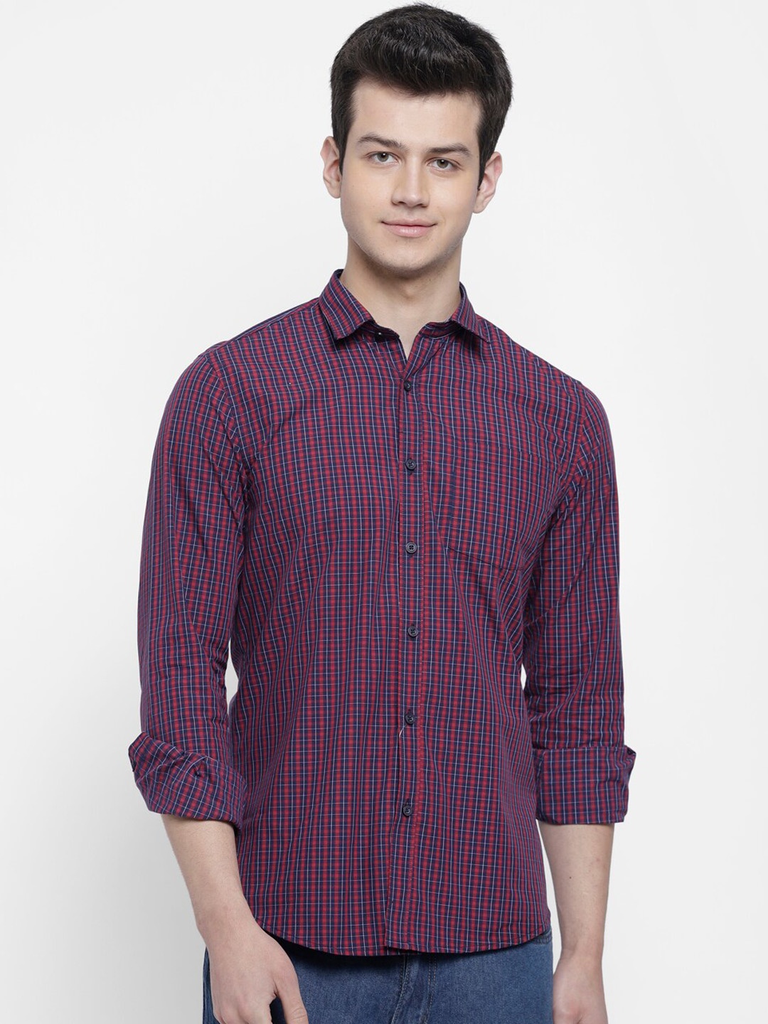 

cape canary Men Red & Navy Blue Checked Casual Shirt