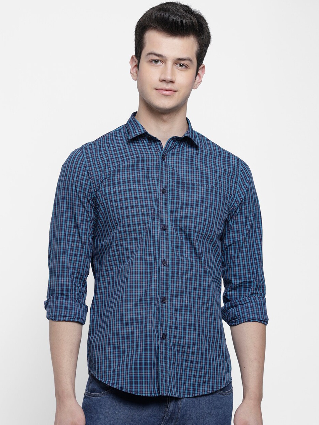 

cape canary Men Blue Regular Fit Checked Casual Shirt