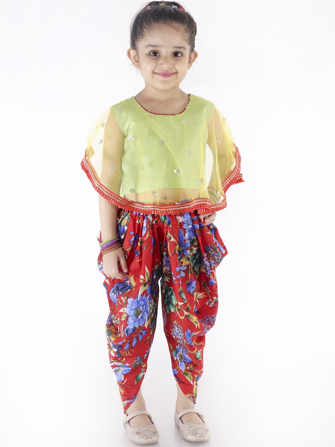 

KID1 Girls Yellow & Red Solid Silk Top with Dhoti Pants