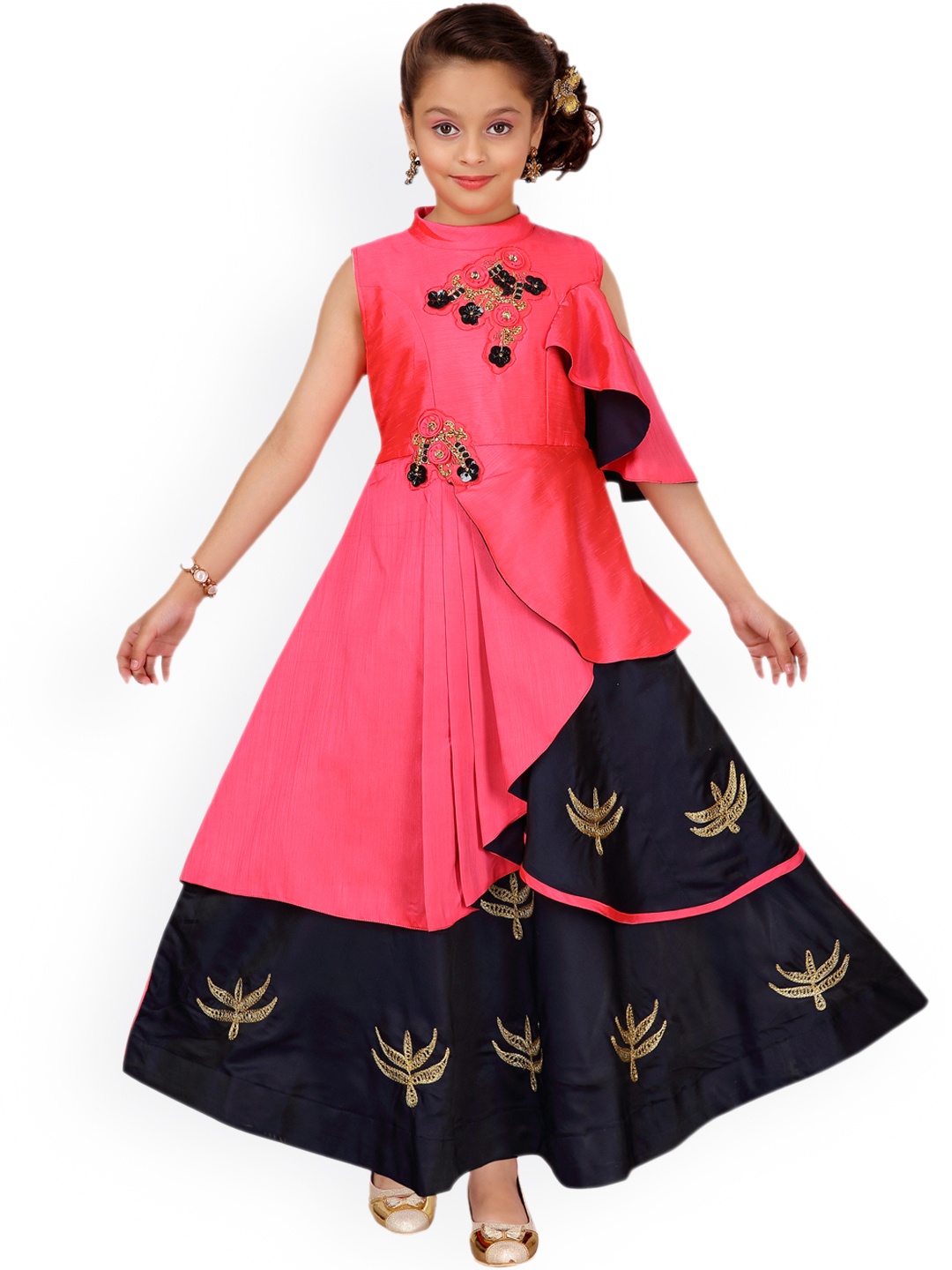 Aarika Girls Coral-Red And Black Colourblocked Maxi Dress