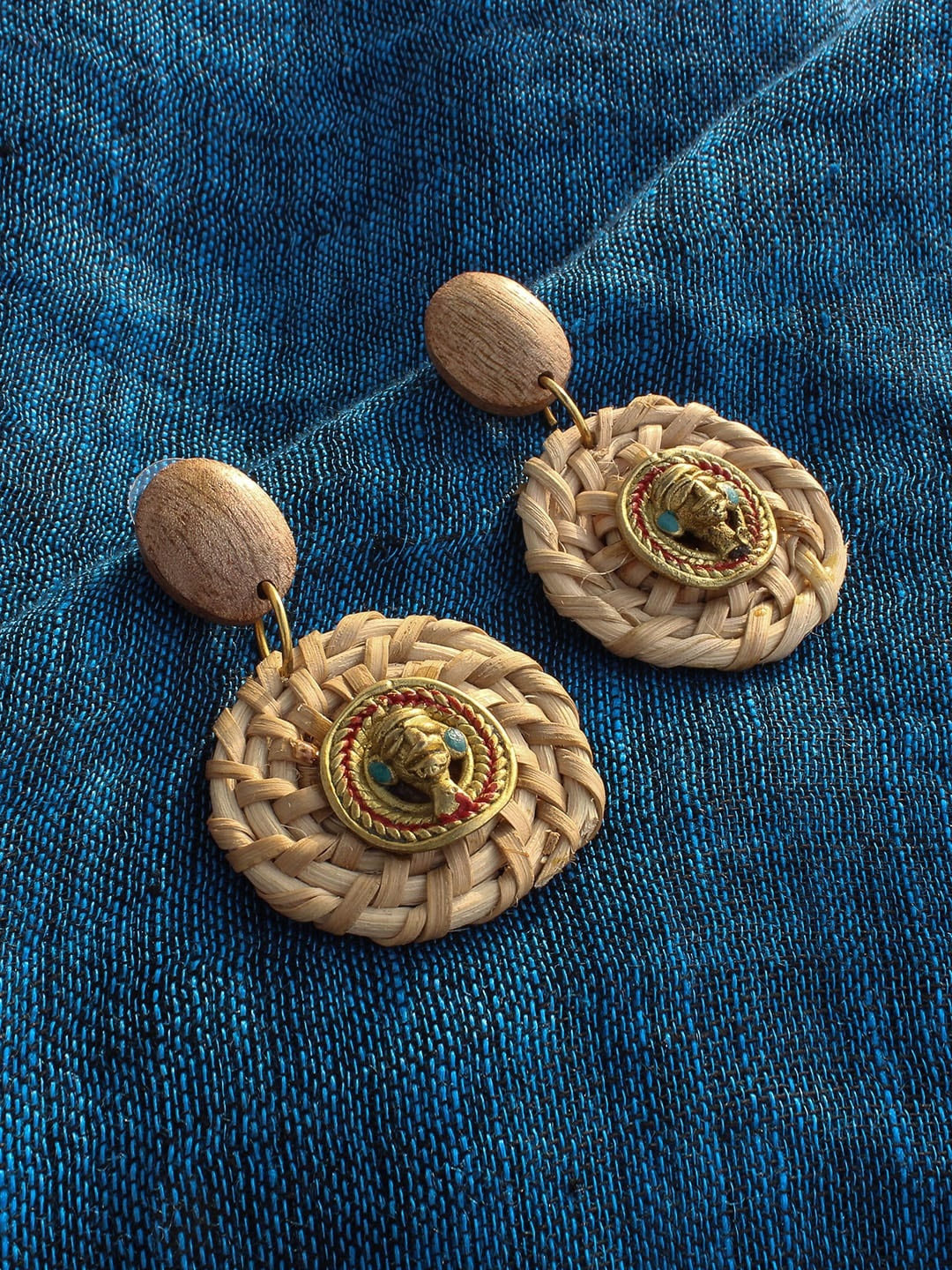 

ExclusiveLane Tribal Men Faces Bohemian Brass & Cane Dhokra Art Handcrafted Earrings, Gold