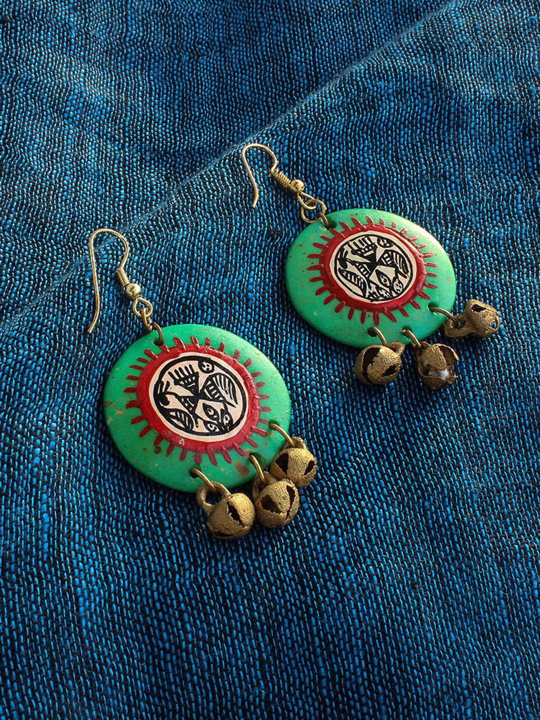

ExclusiveLane Green & Red Hand-Painted Tribal Warli Circular Bohemian Resin Earrings