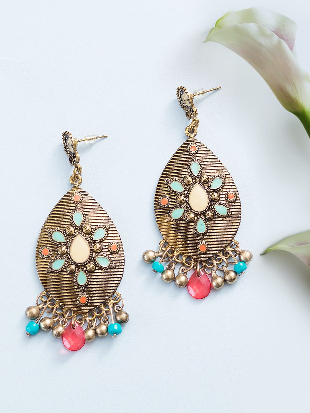 Golden Peacock Gold-Plated & Blue Teardrop Shaped Drop Earrings