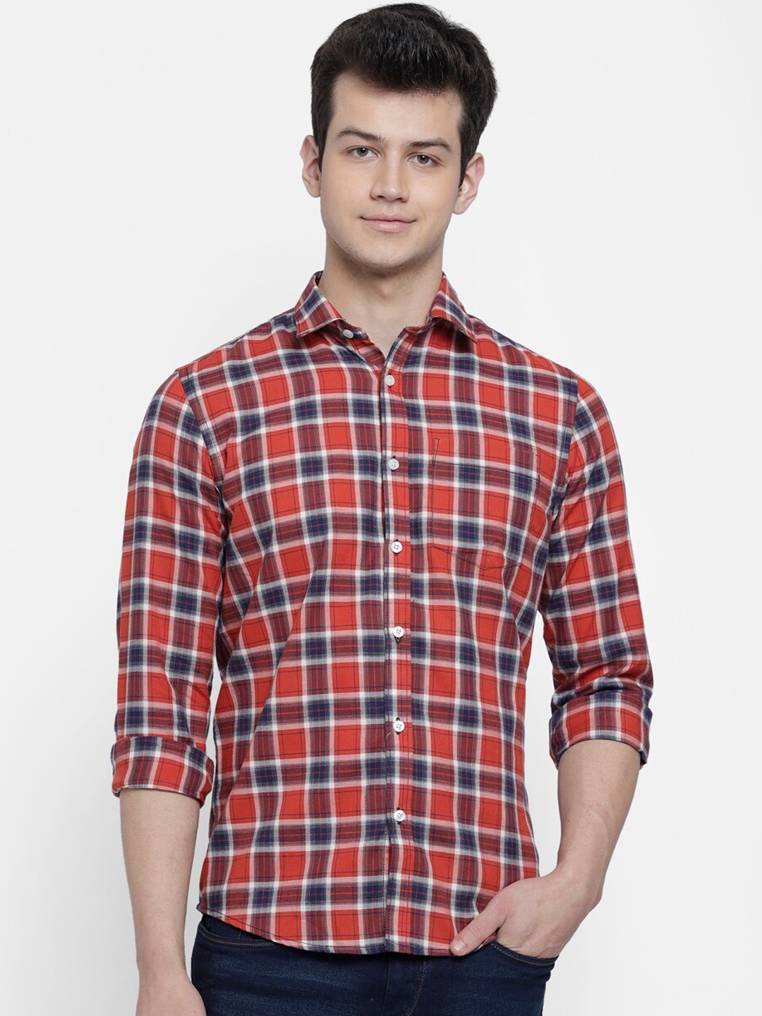 

cape canary Men Red & Blue Regular Fit Checked Casual Shirt