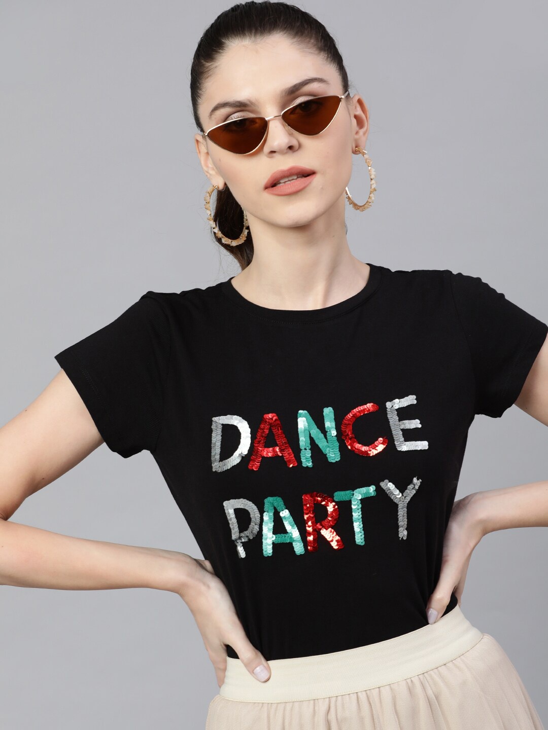 

STREET 9 Women Black Embellished Round Neck T-shirt