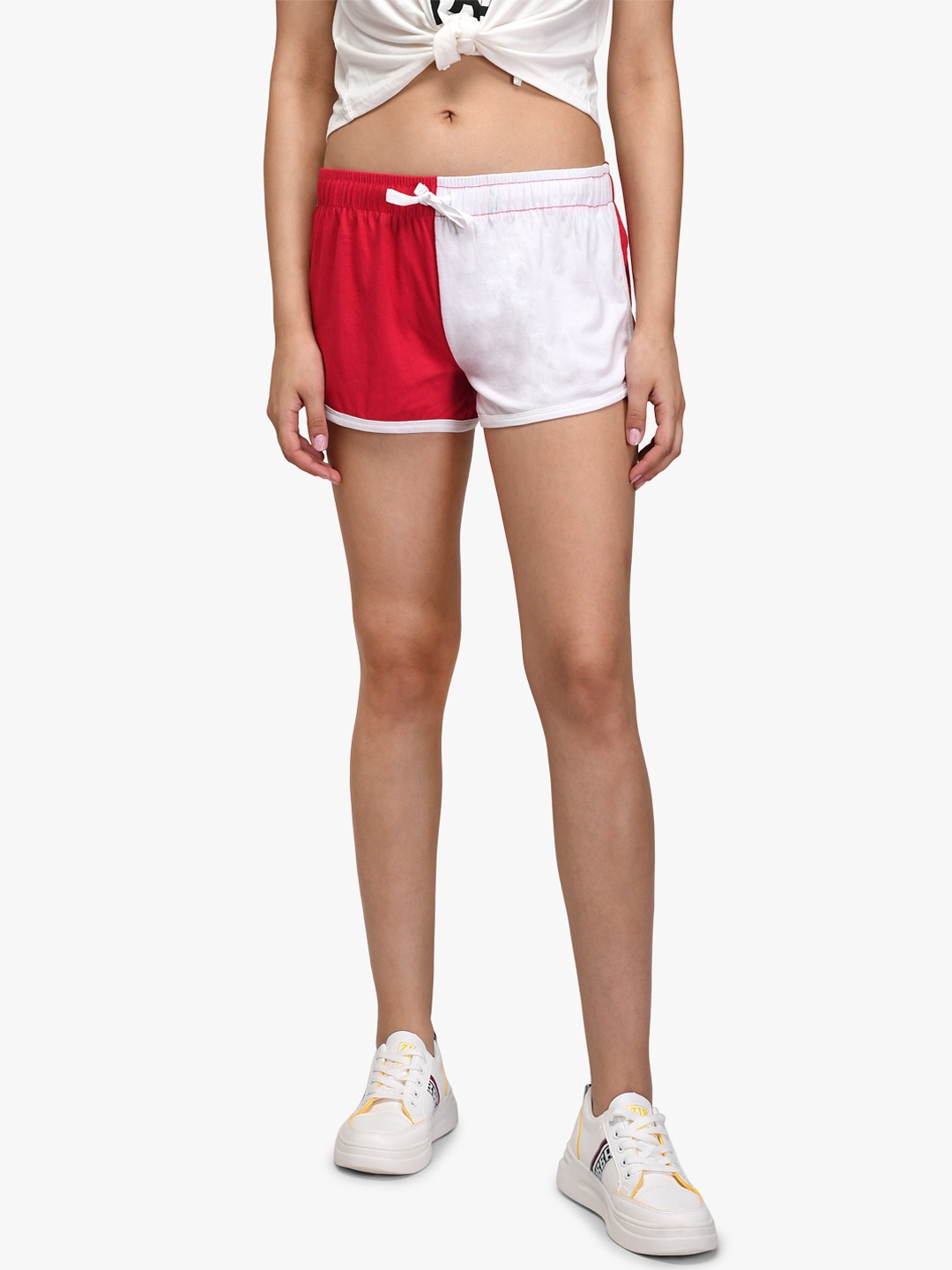 

Kotty Women Red And White Colourblocked Regular Fit Hot Pants