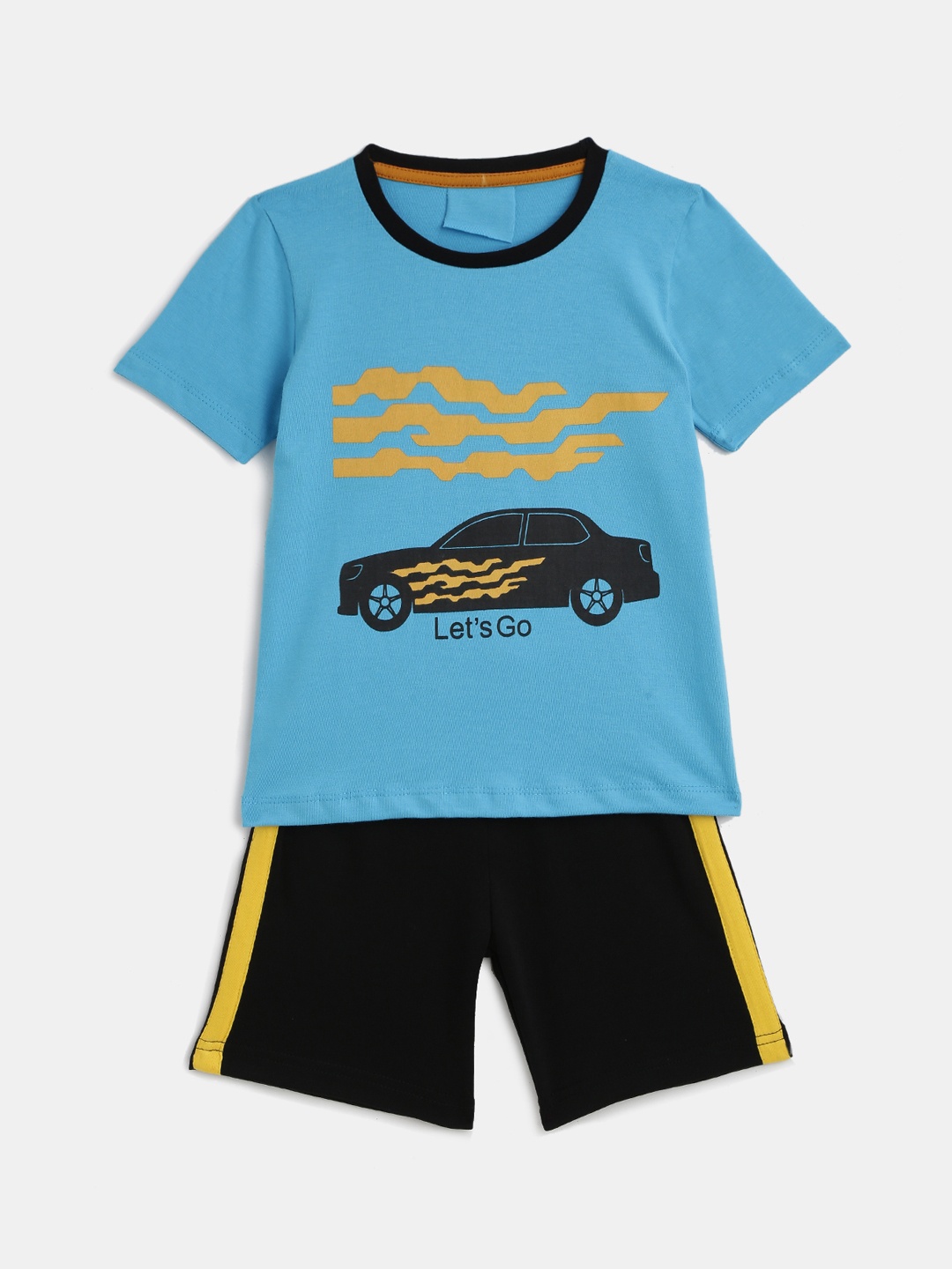

KIDSCRAFT Boys Turquoise Blue & Black Printed T-shirt with Shorts