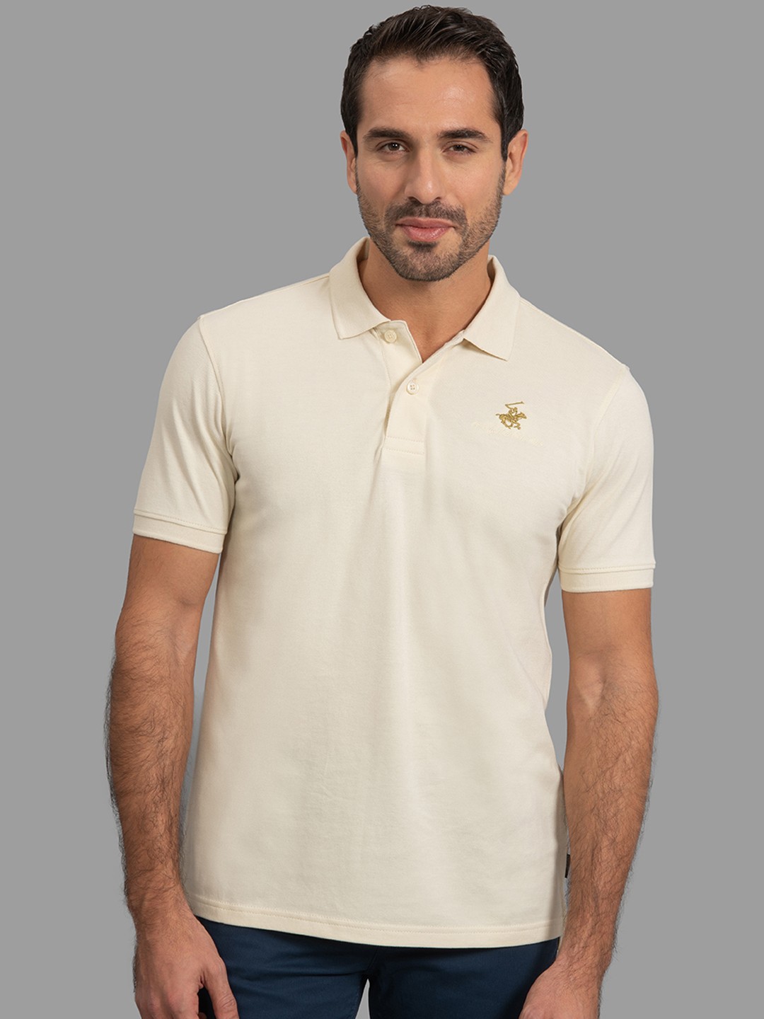 

Beverly Hills Polo Club Men Cream Solid Polo Collar T-shirt