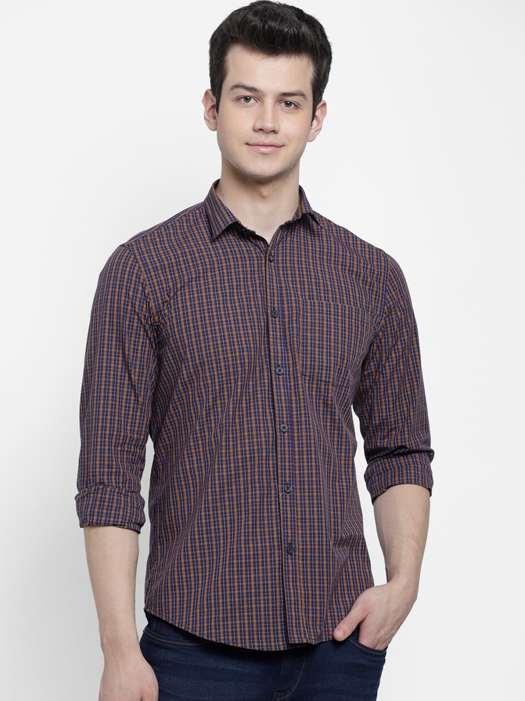 

cape canary Men Brown And Navy Blue Regular Fit Casual Shirt