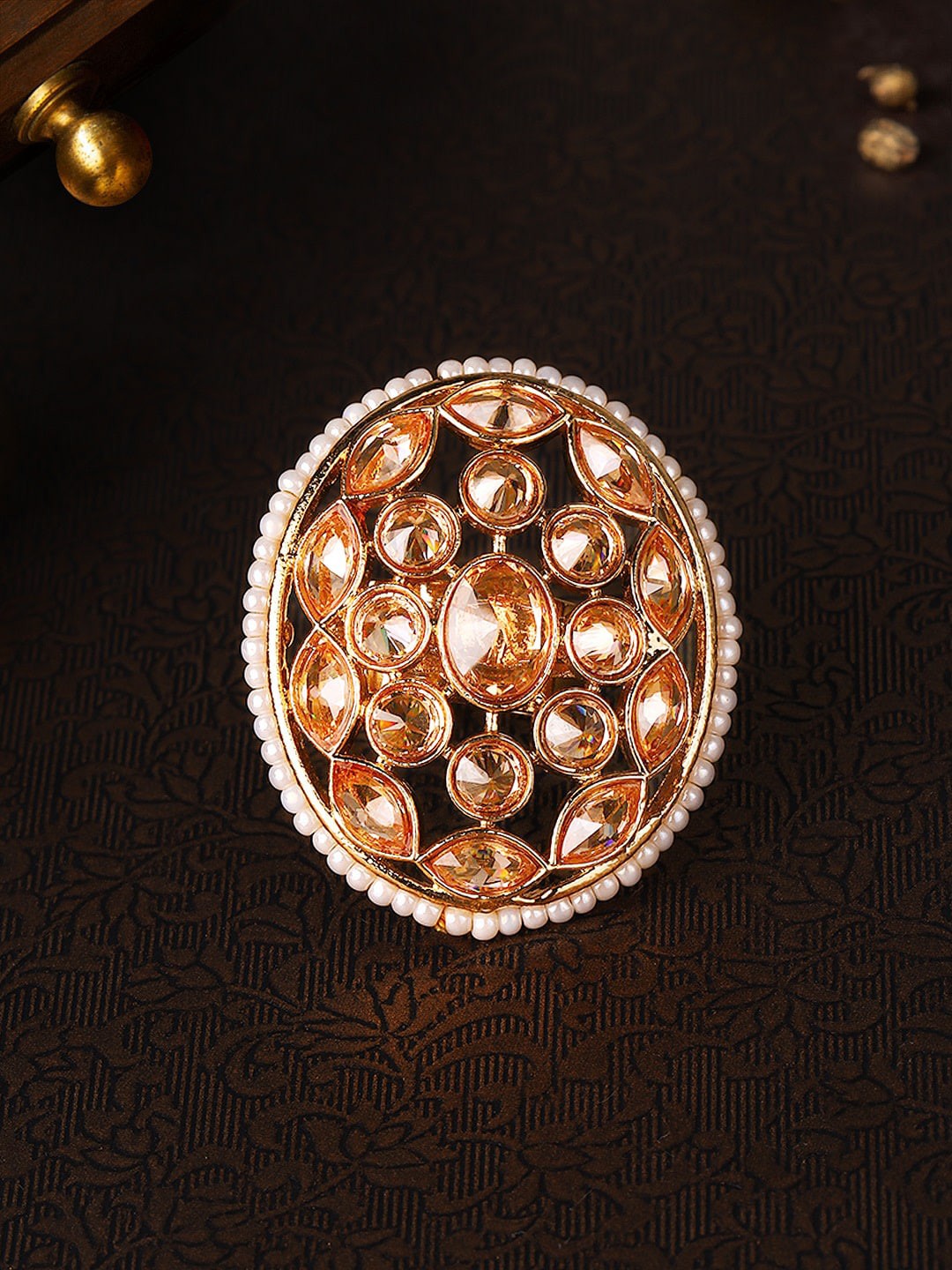 

Rubans Gold-Plated White & Beige Kundan-Studded Handcrafted Statement Finger Ring