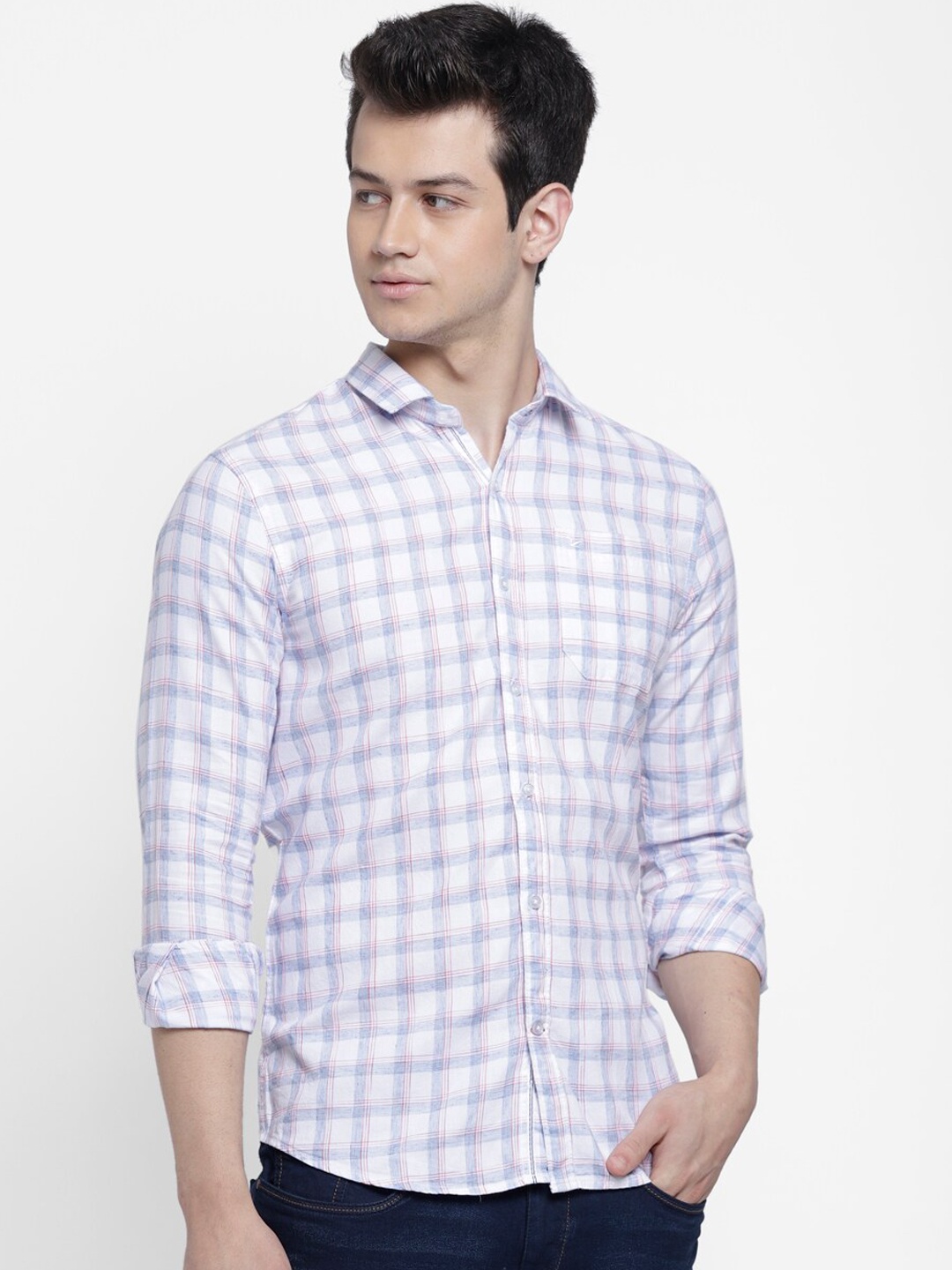 

cape canary Men White & Blue Checked Casual Shirt