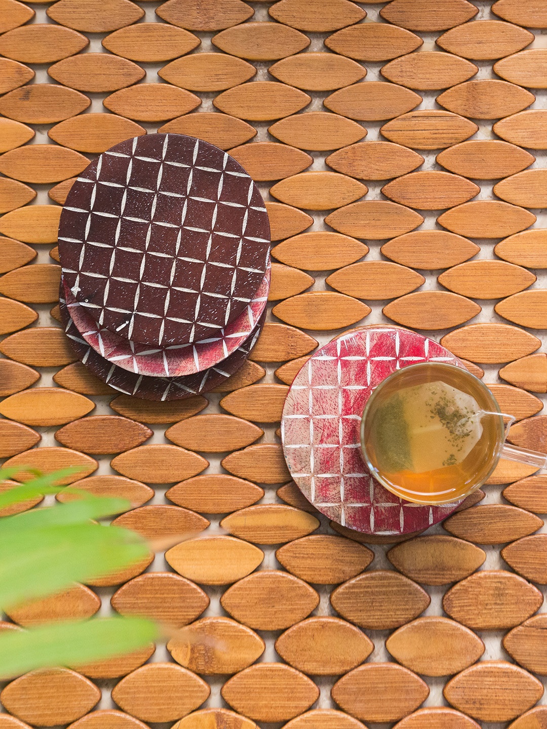 

ExclusiveLane Set Of 4 Brown & Red Handcrafted Rounded Grids Mango Wood Coasters