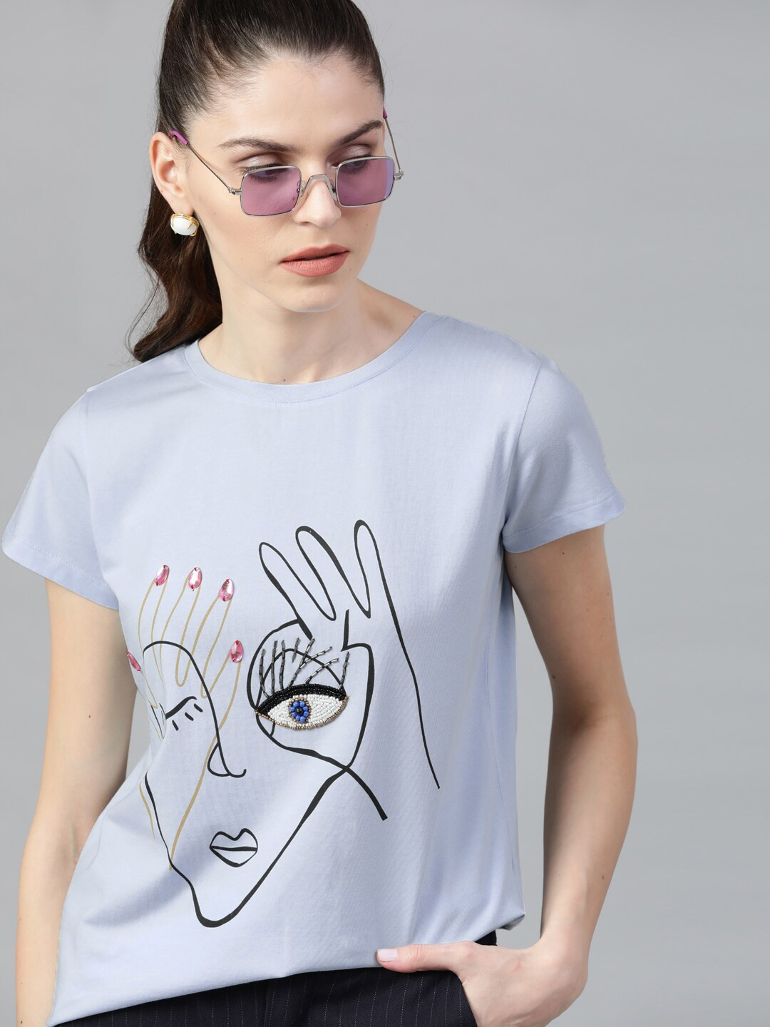 

STREET 9 Women Blue Printed Round Neck T-shirt