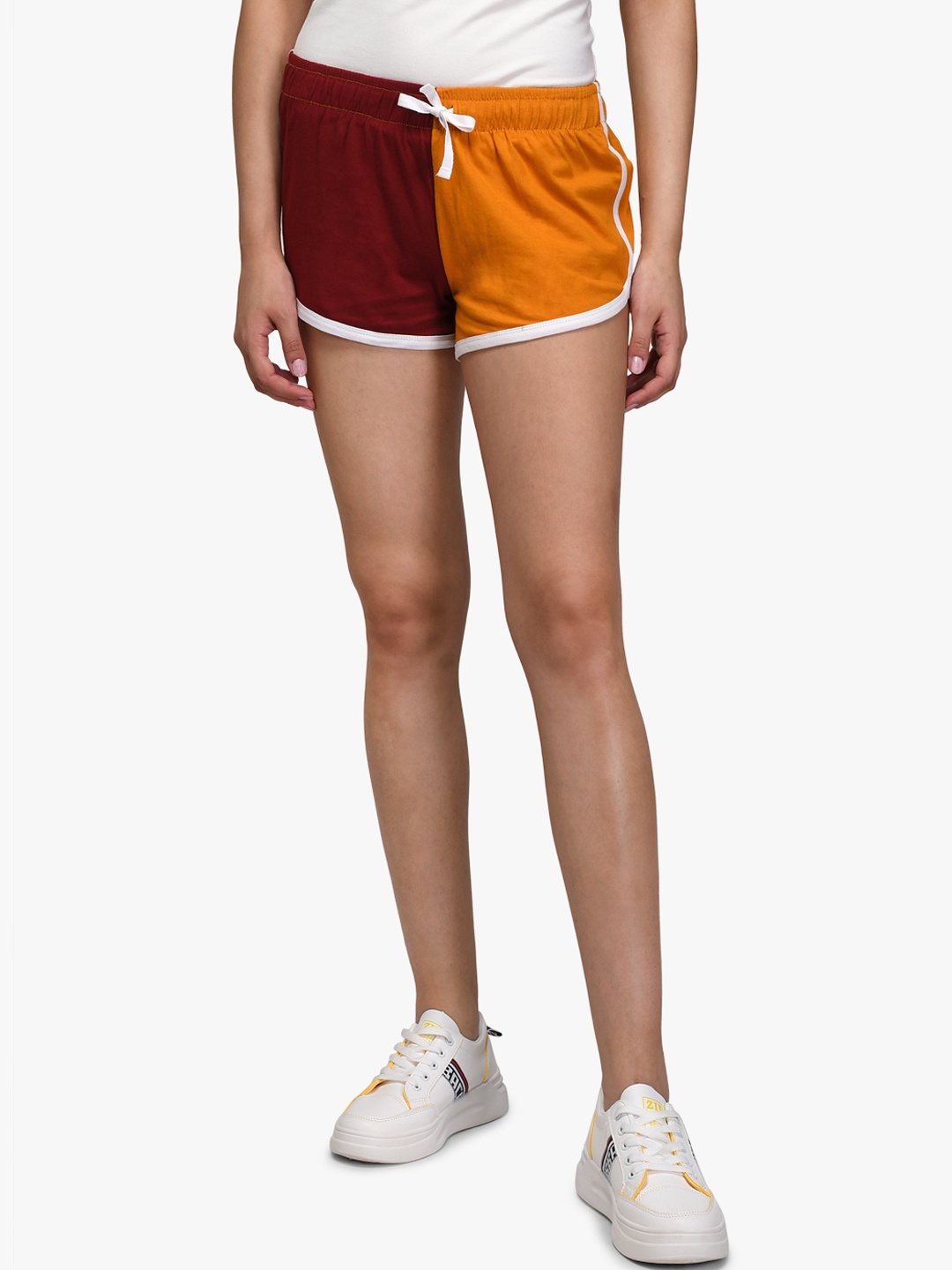 

Kotty Women Maroon & Yellow Colourblocked Regular Fit Shorts