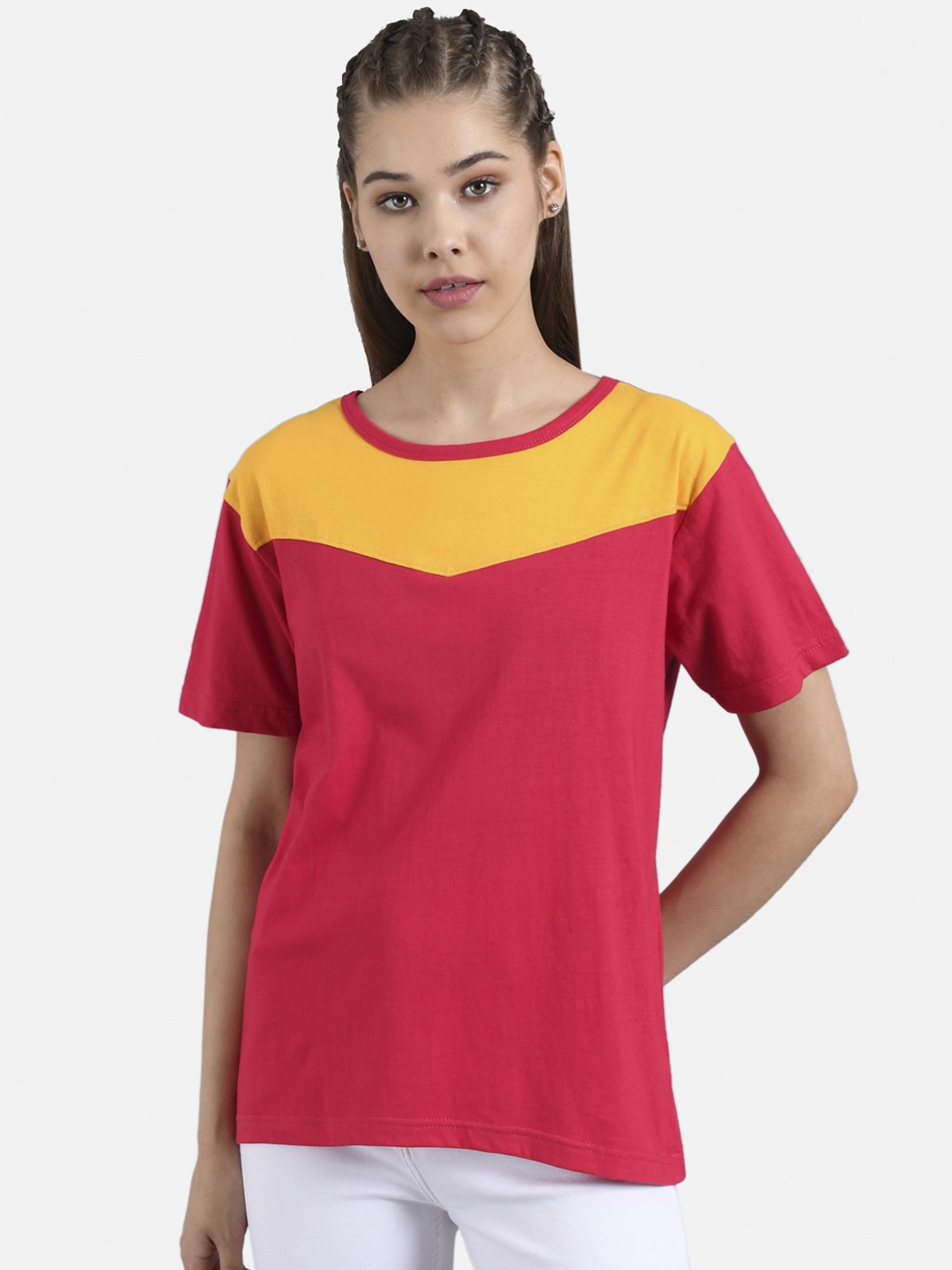 

Kotty Women Pink & Mustard Yellow Colourblocked Boat Neck T-shirt