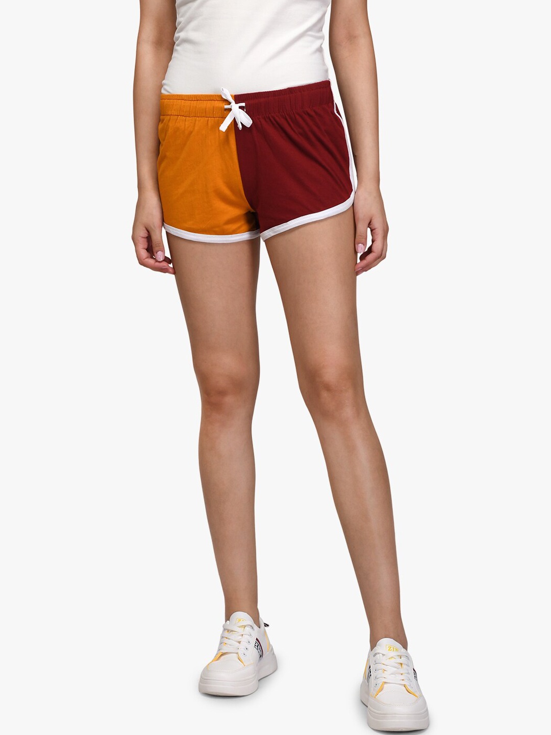 

Kotty Women Mustard Yellow & Maroon Colourblocked Regular Fit Regular Shorts