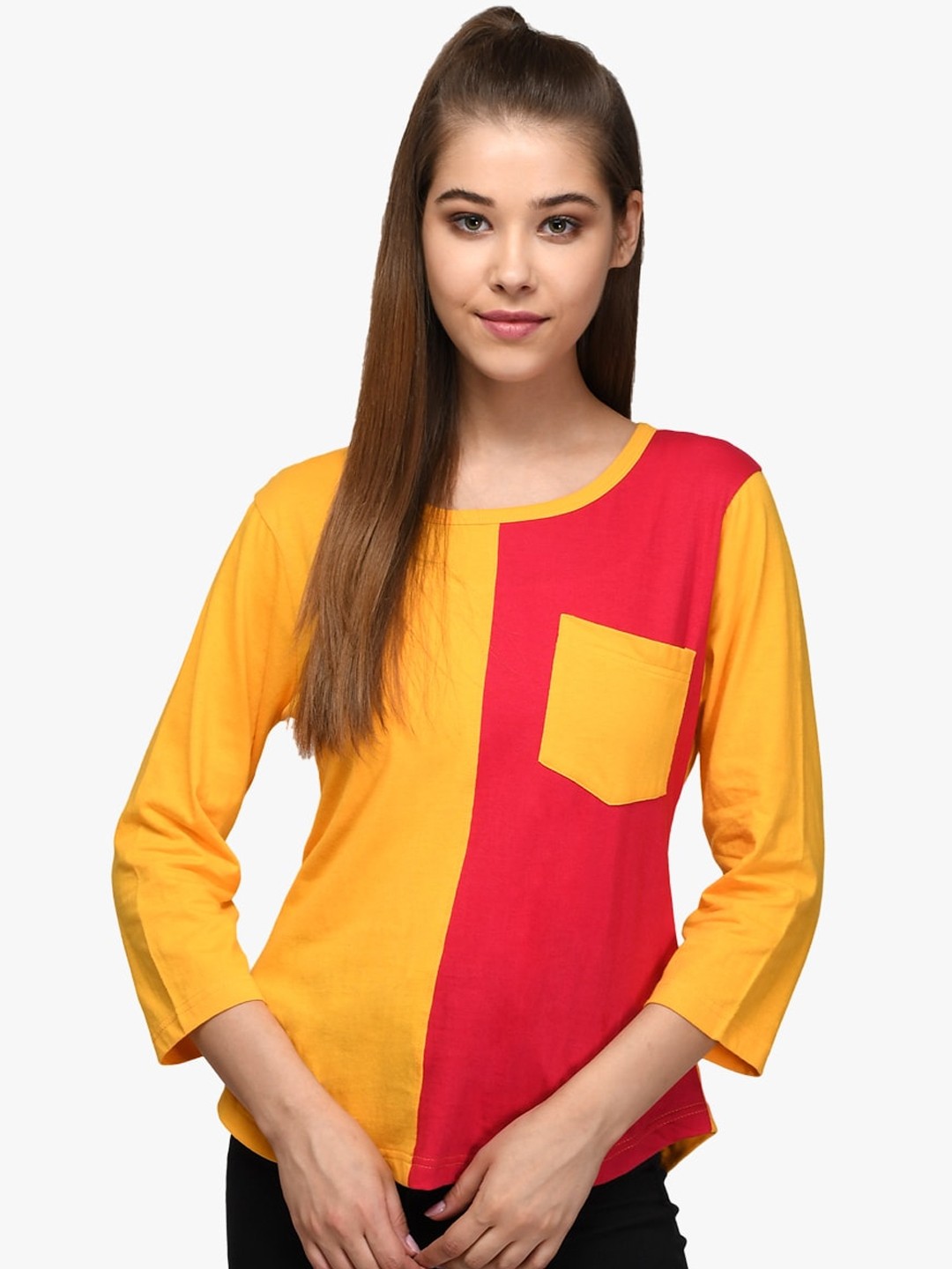 

Kotty Women Red & Yellow Colourblocked Round Neck T-shirt