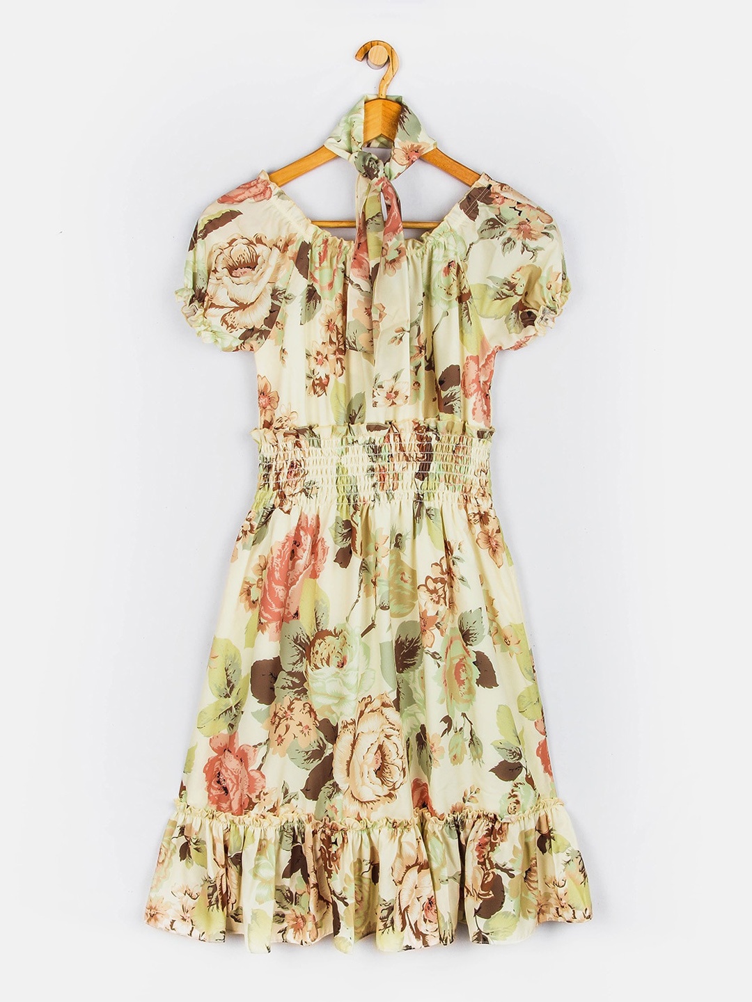 

Peppermint Girls Beige Floral Printed Fit and Flare Dress