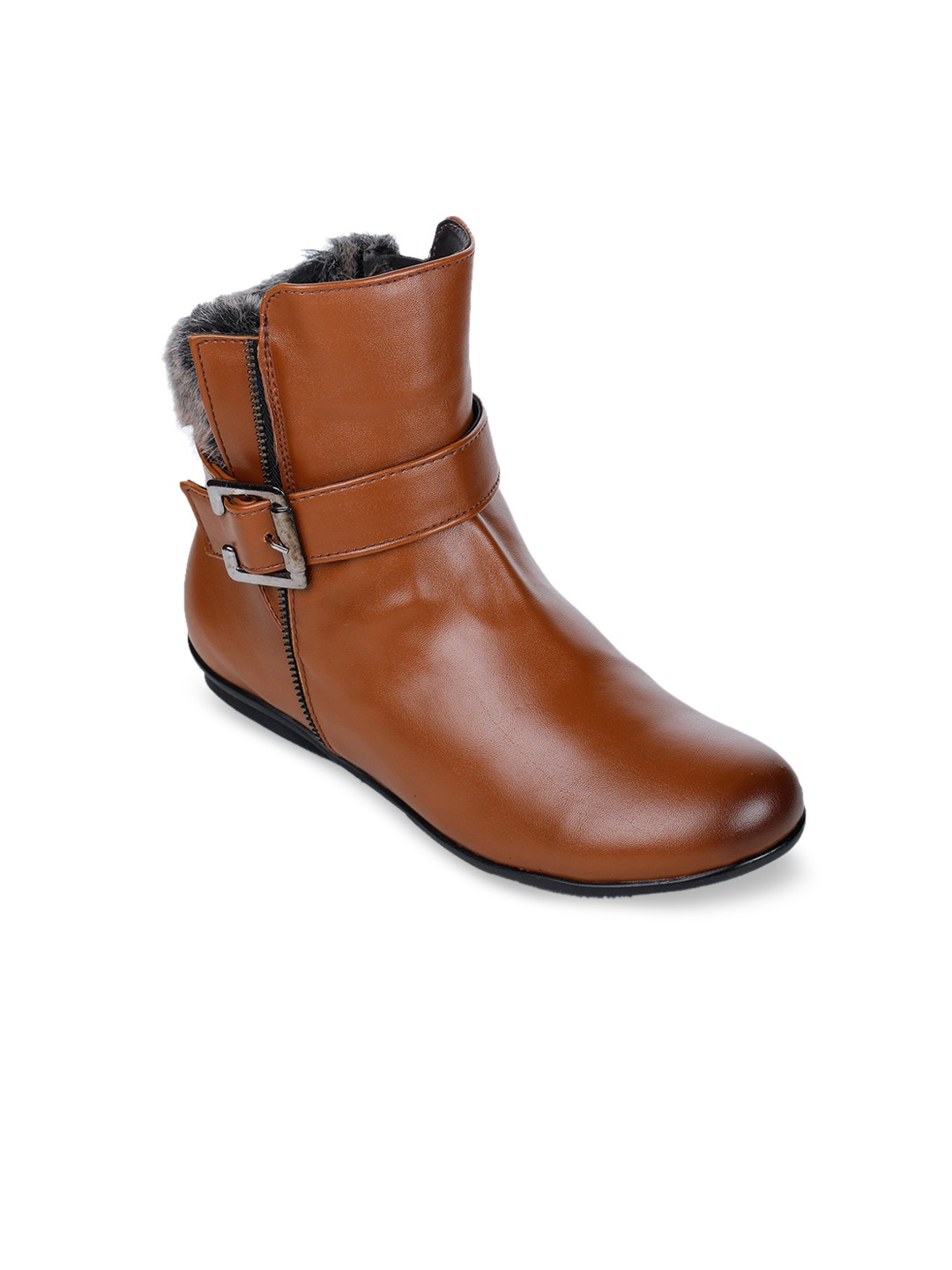 

Bruno Manetti Women Tan Brown Solid Flat Boots With Buckle