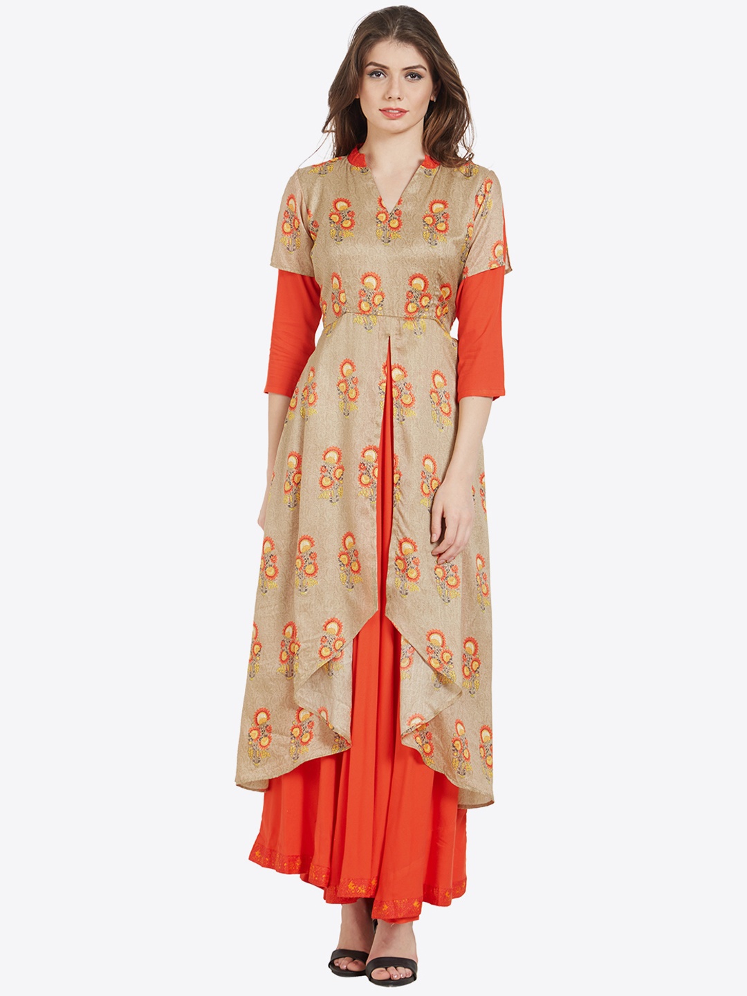 Kvsfab Women Beige Printed A-Line Kurta