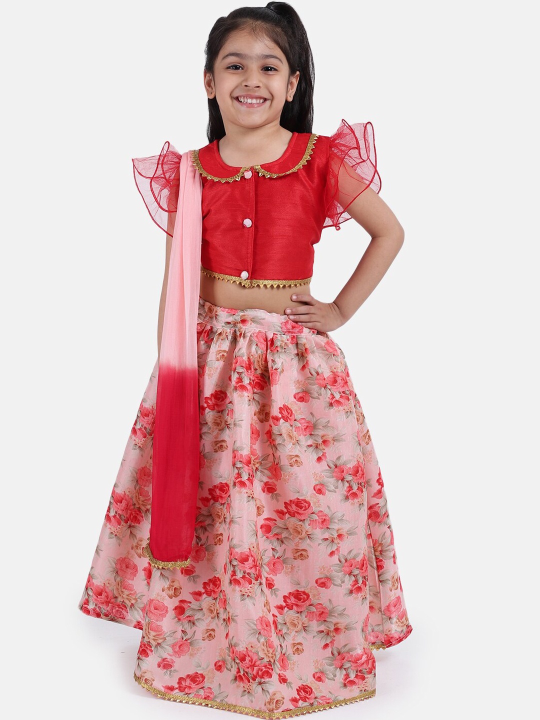

BownBee Girls Red & Pink Solid Ready to Wear Lehenga & Blouse with Dupatta