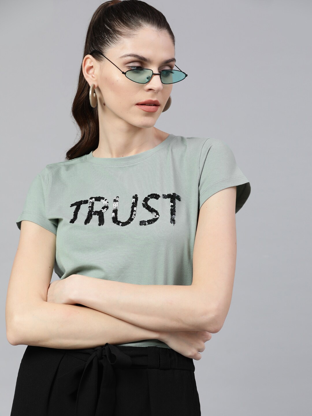 STREET 9 Women Green & Black Sequinned Round Neck T-shirt