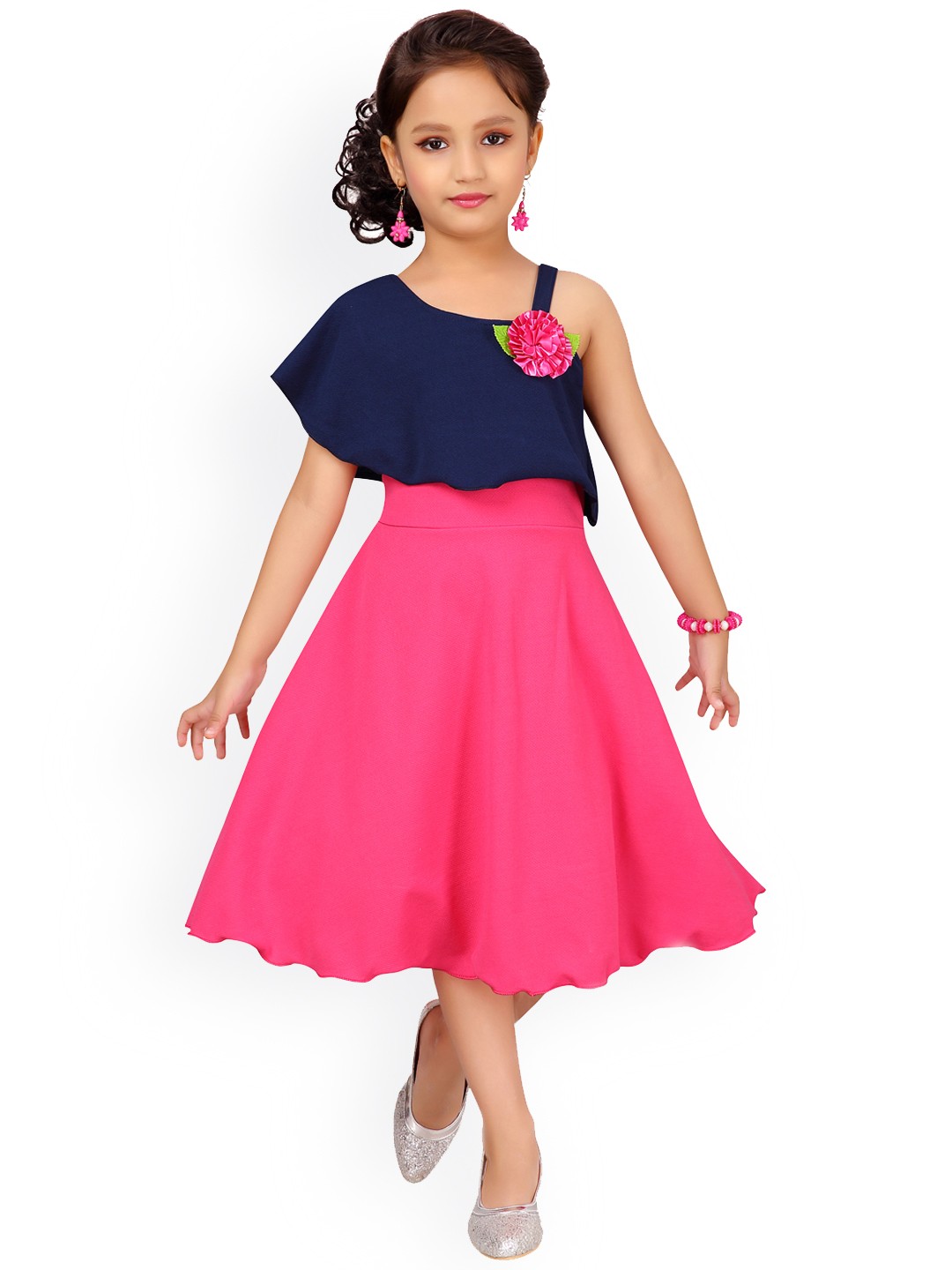 

Aarika Girls Navy Blue & Pink Colorblocked Fit and Flare Dress