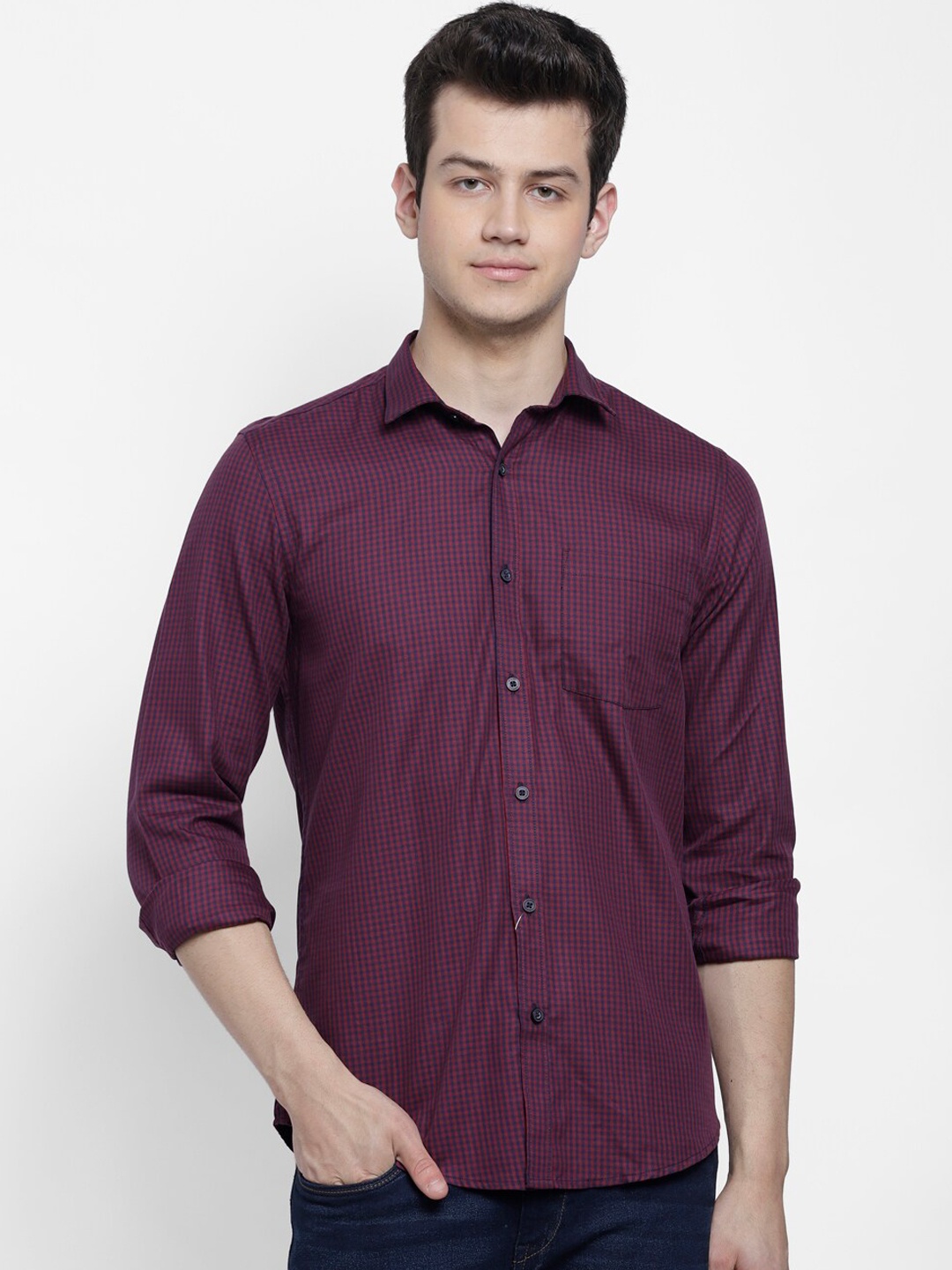 

cape canary Men Maroon Regular Fit Checked Casual Shirt