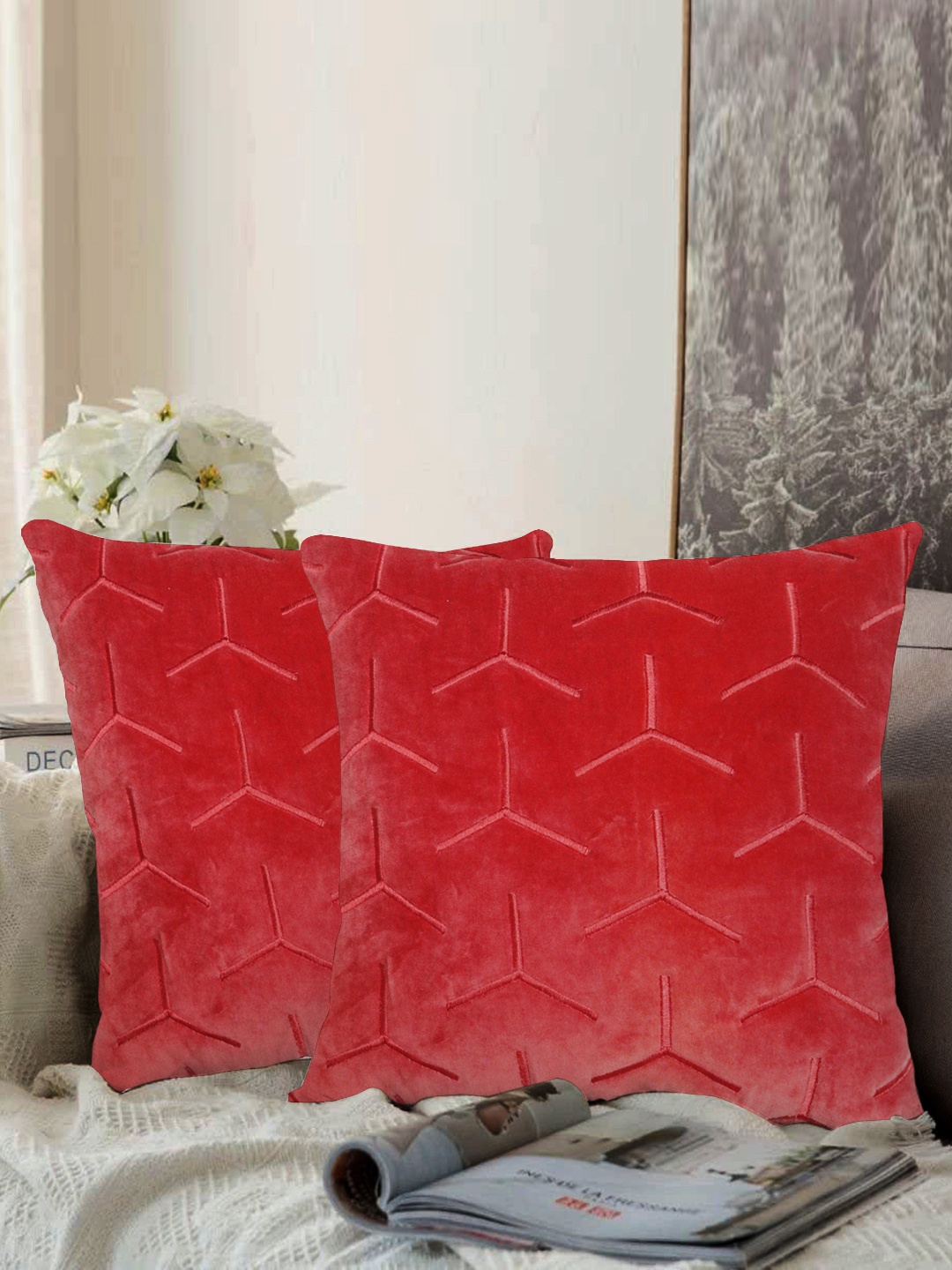 

aRDENMEAD Set of 2 Red Embroidered Square Cushion Covers