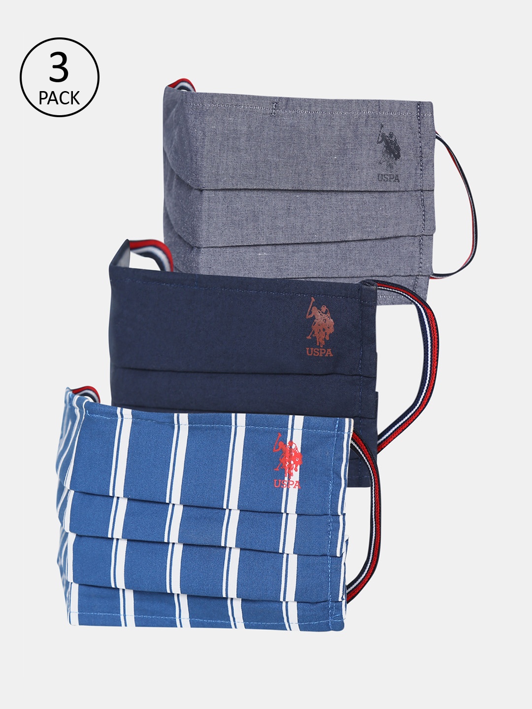 

U.S. Polo Assn Unisex Assorted Pack of 3 Pcs Reusable 3-Ply Protective Outdoor Masks, Grey