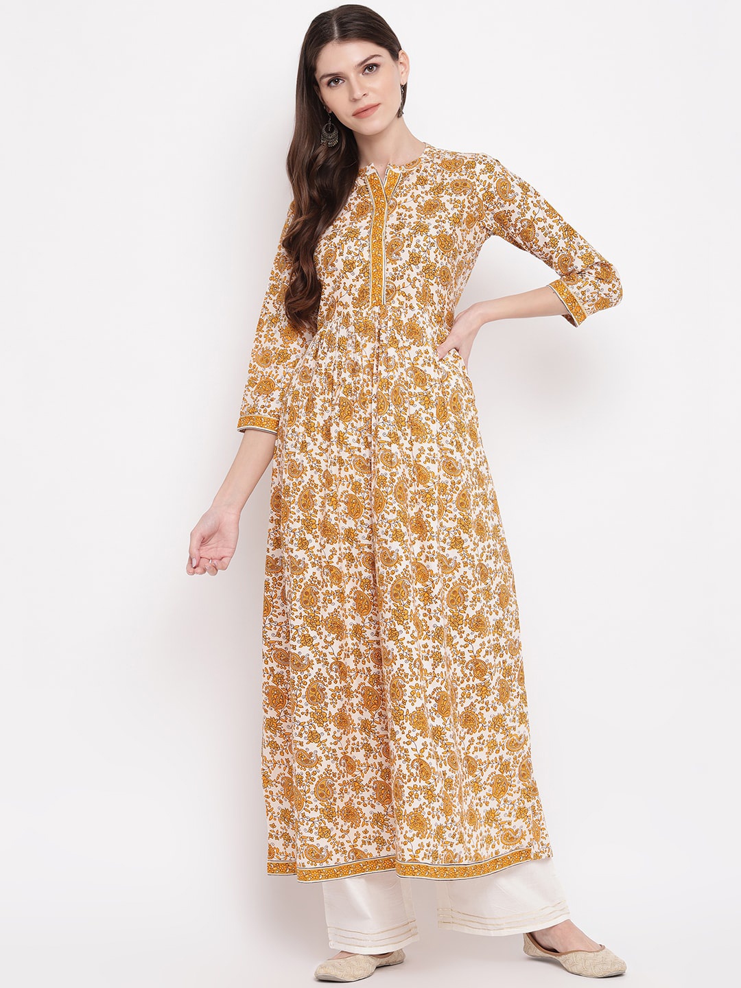 

Vbuyz Women Mustard Yellow Floral Print A-Line Kurta