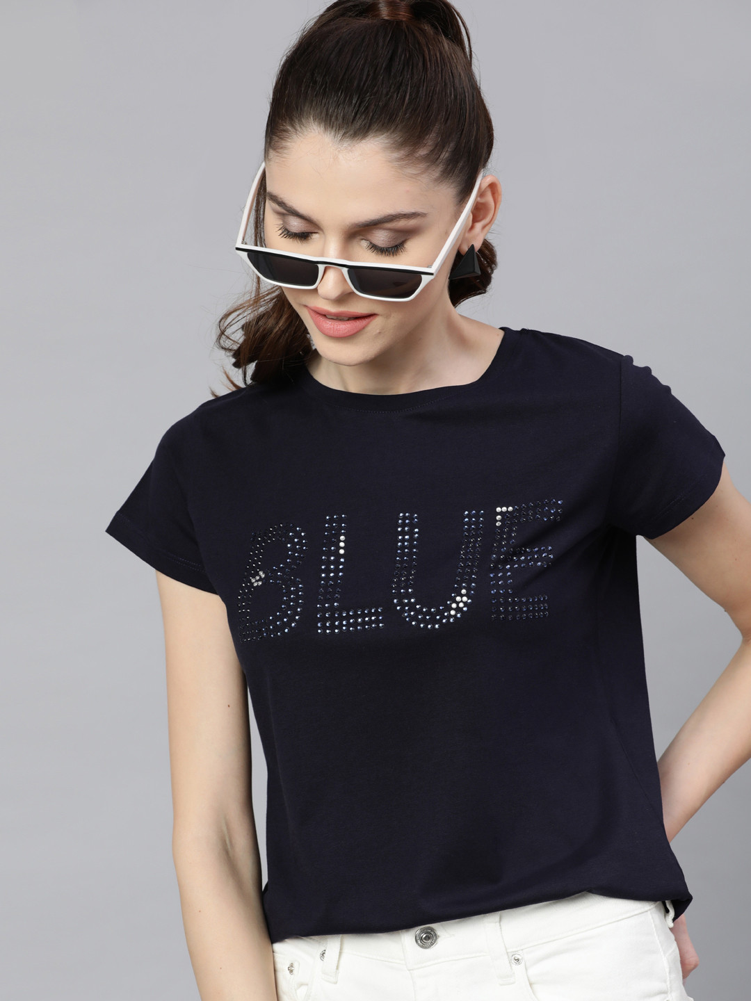 

STREET 9 Women Navy Blue Rhinestone Embellished Round Neck T-shirt