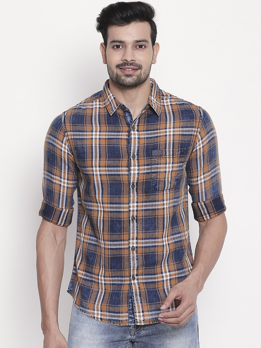 

SPYKAR Men Mustard Orange & Blue Slim Fit Checked Casual Shirt