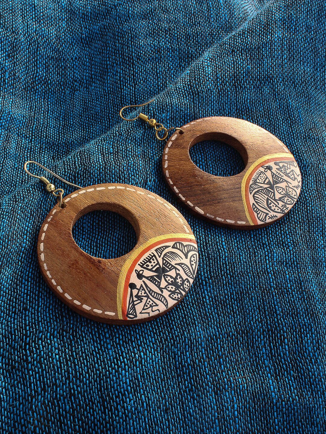 

ExclusiveLane Brown Hand-Painted Warli Art Circular Drop Bohemian Wooden Earrings