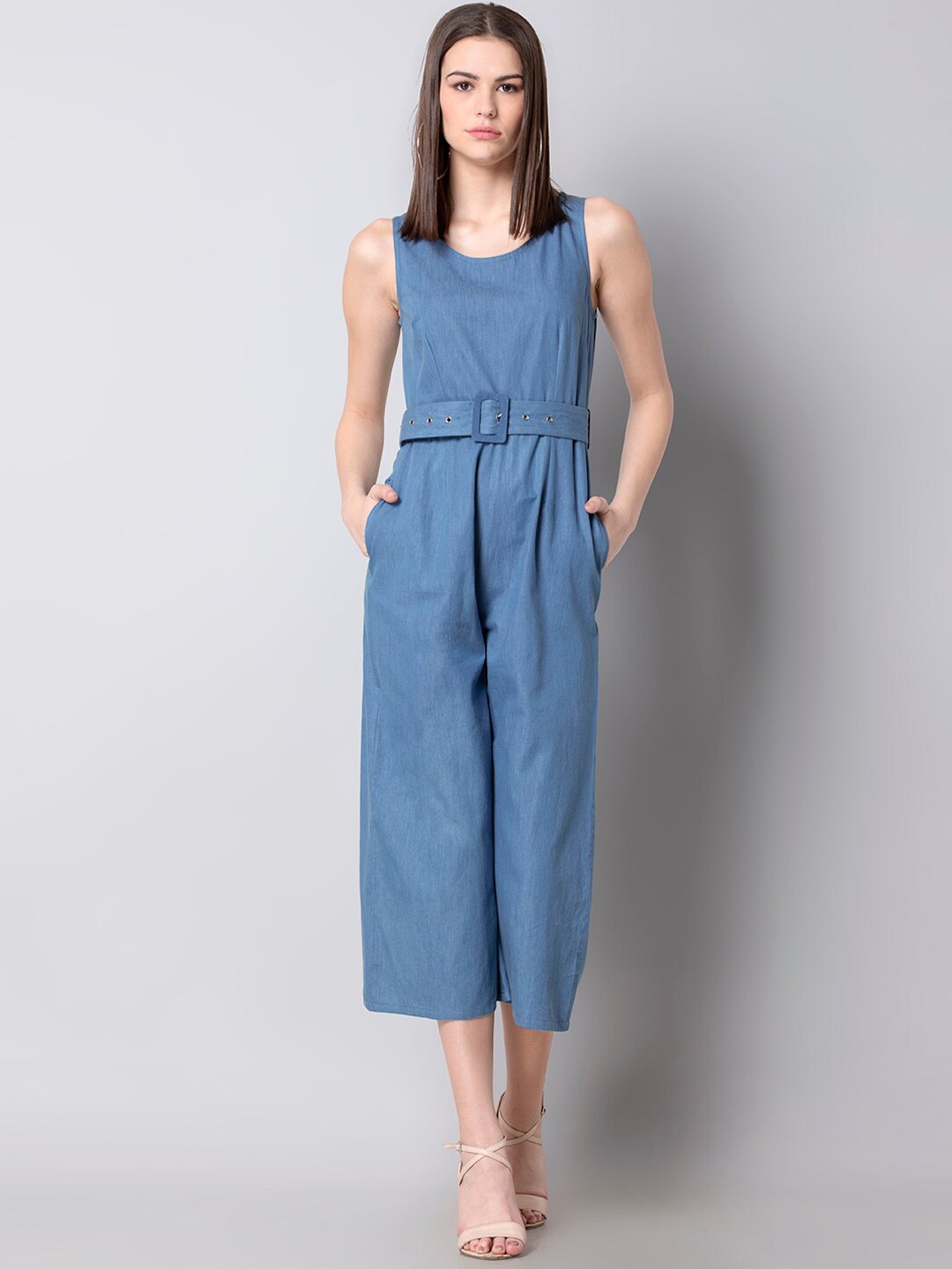 

FabAlley Women Blue Solid Basic Denim Culotte Jumpsuit