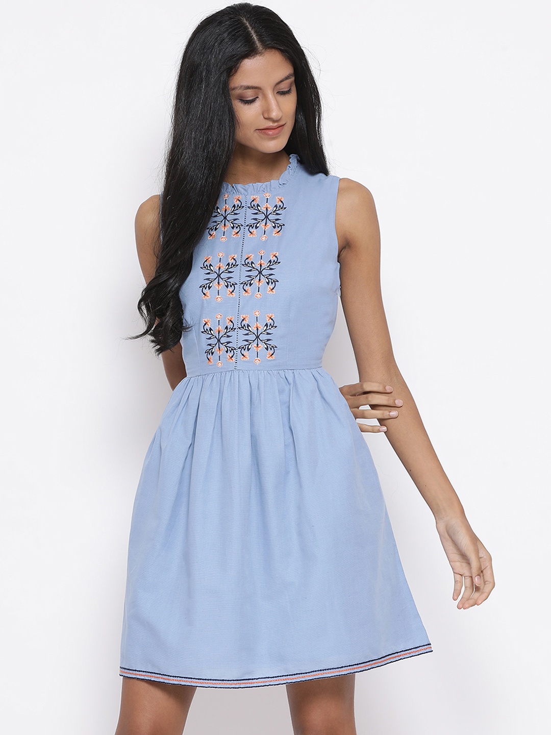 ROOTED Women Blue Embroidered Fit and Flare Dress