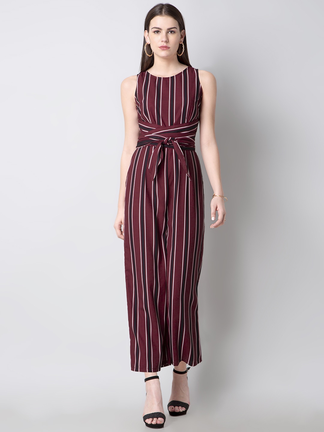 

FabAlley Women Maroon & White Striped Belted Basic Jumpsuit