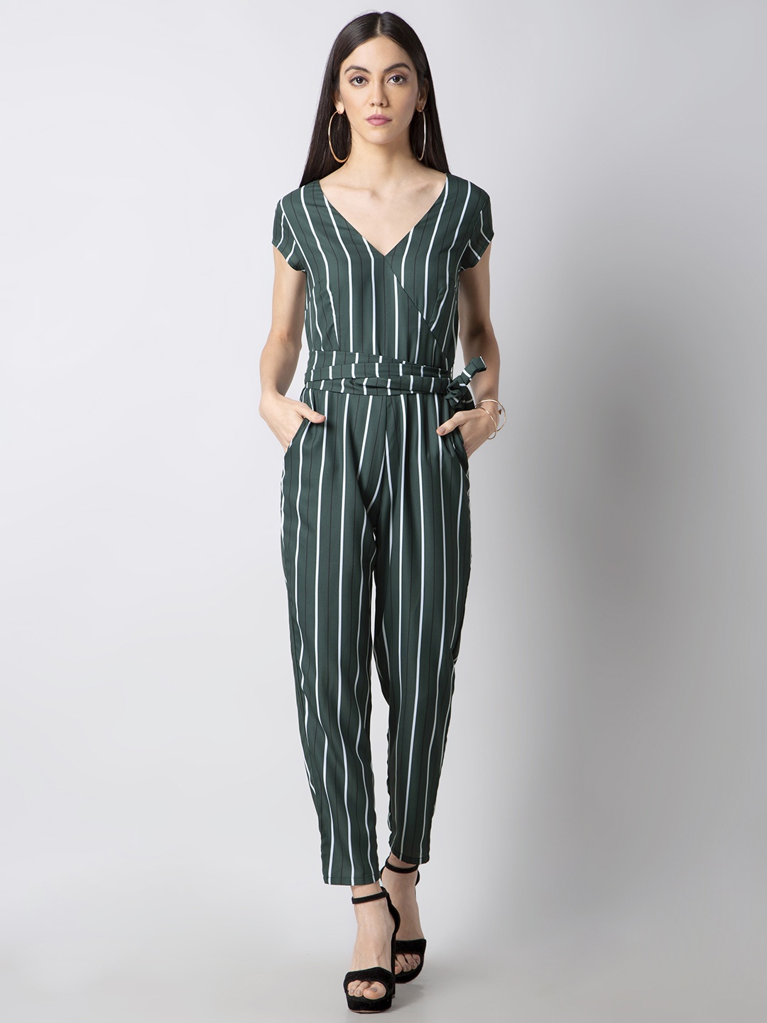 

FabAlley Women Green & White Striped Basic Jumpsuit