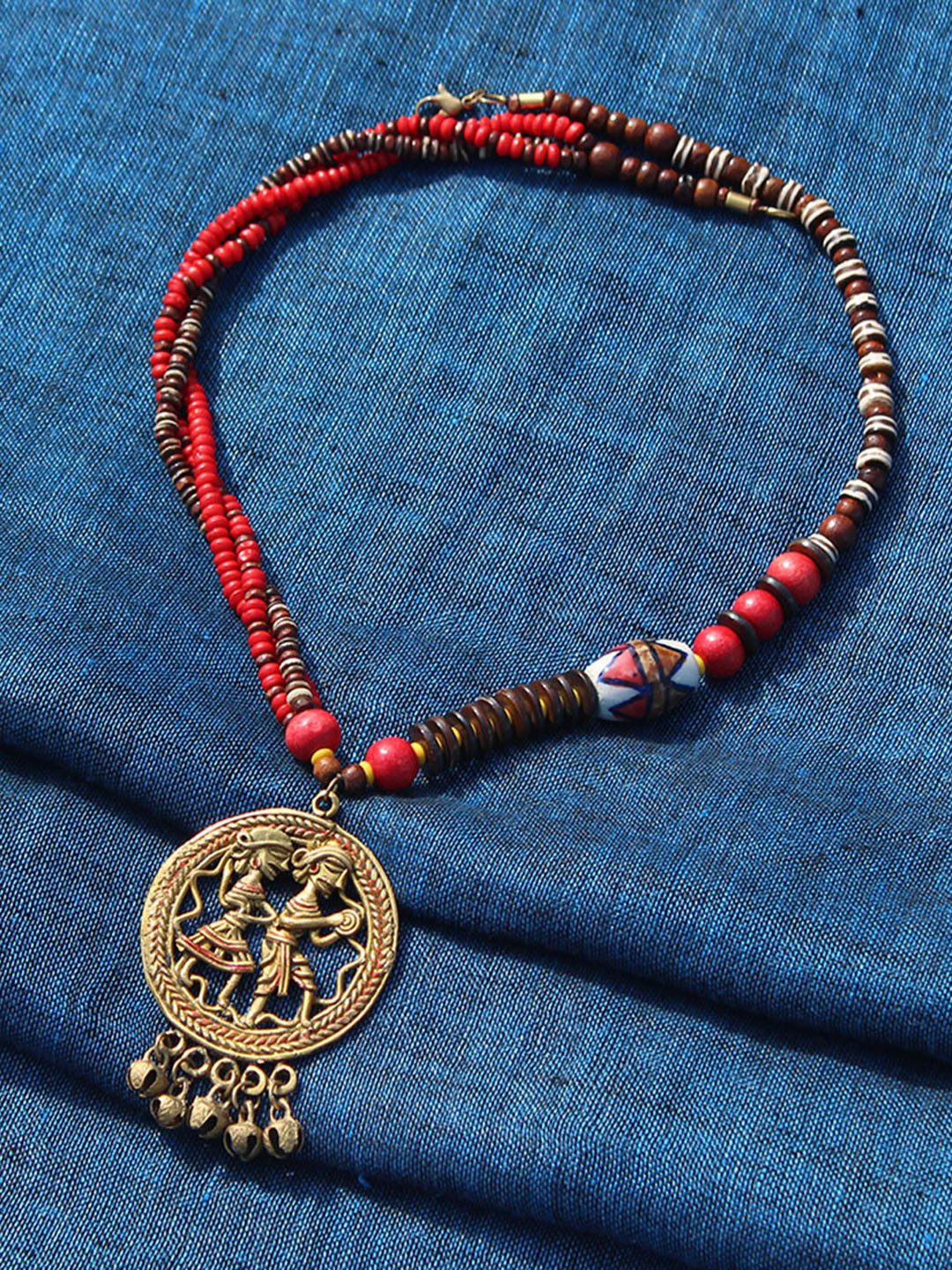 

ExclusiveLane Red Tribal Couple Beaded Multistrand Handcrafted Bohemian Brass Necklace