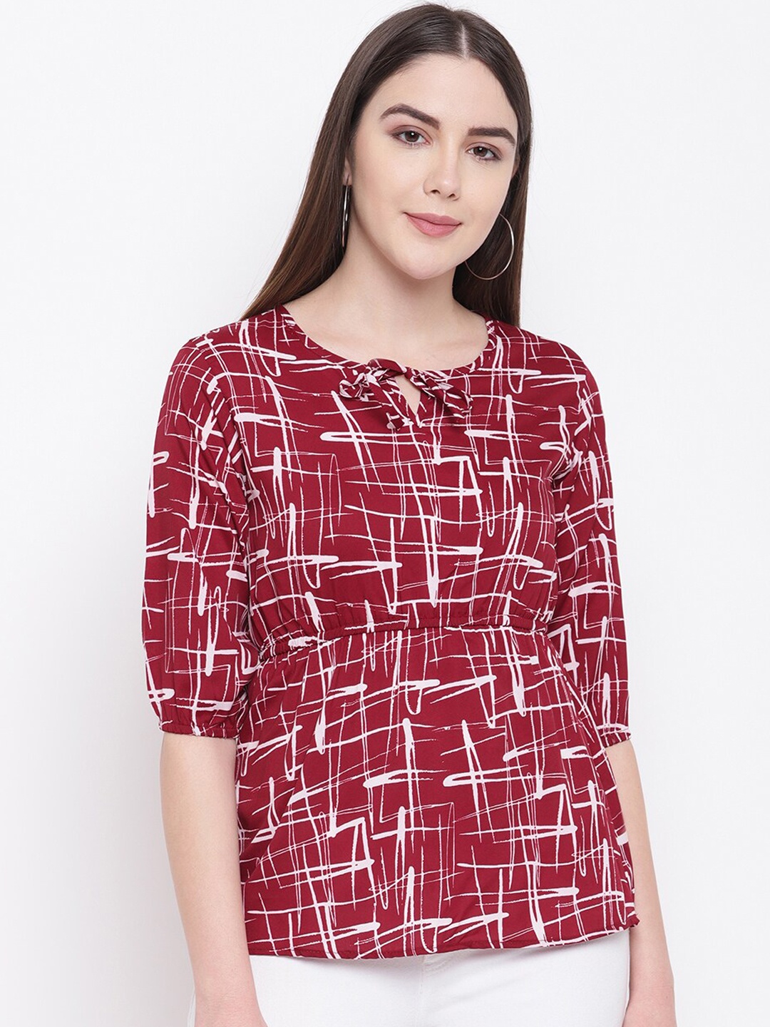 

RIVI Women Maroon & White Printed Cinched Waist Top