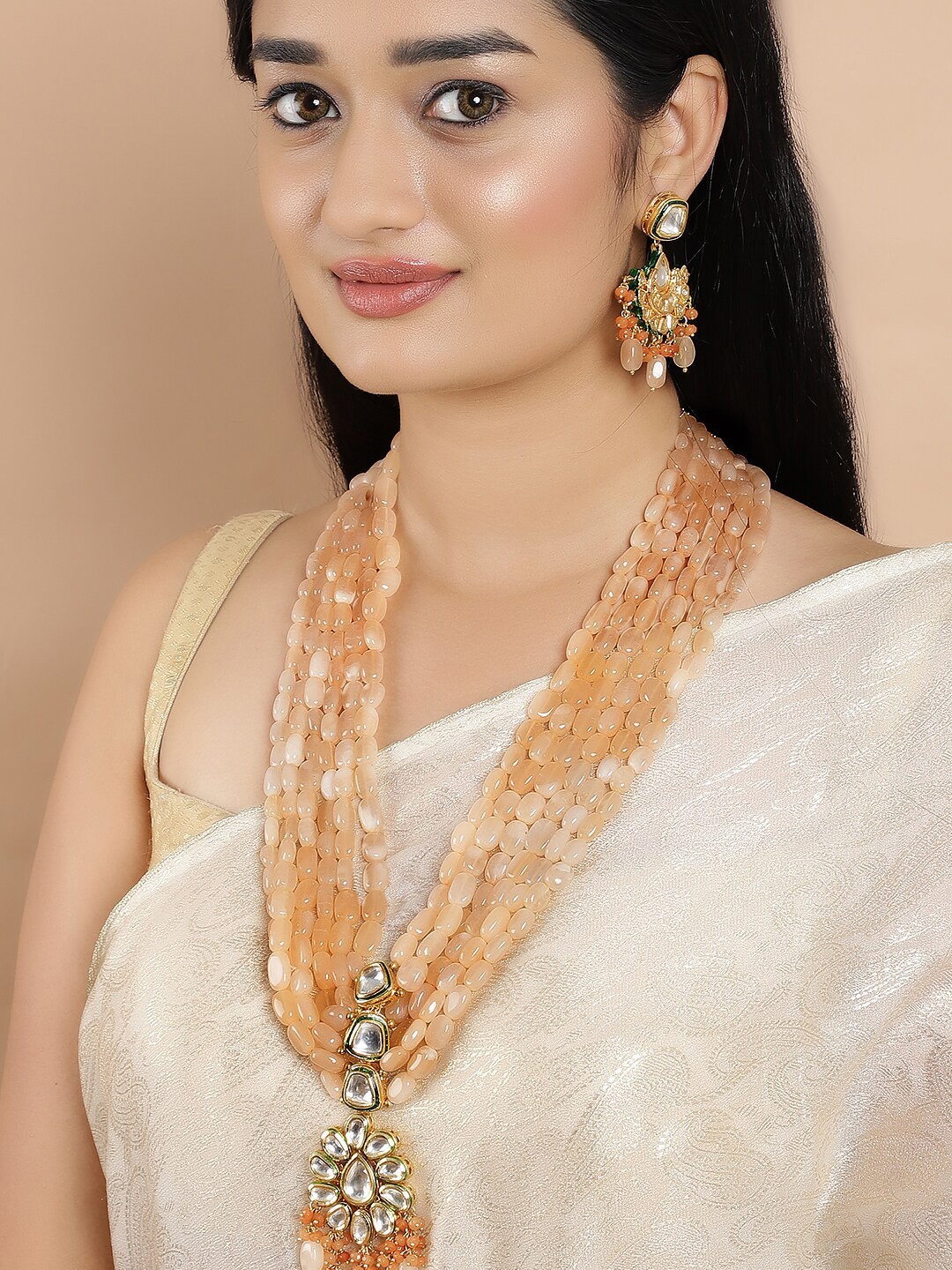 

Rubans 22K Gold-Plated & Peach-Coloured Handcrafted Kundan & Gemstone Multi-Layered Jewellery Set