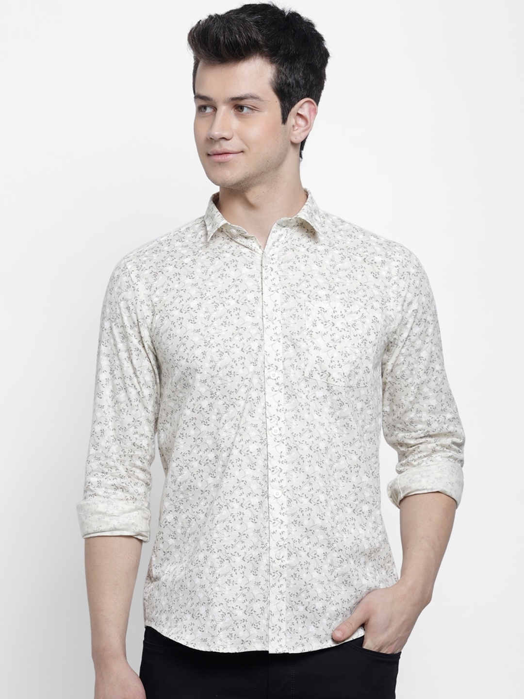 

cape canary Men Cream-Coloured Regular Fit Printed Casual Shirt